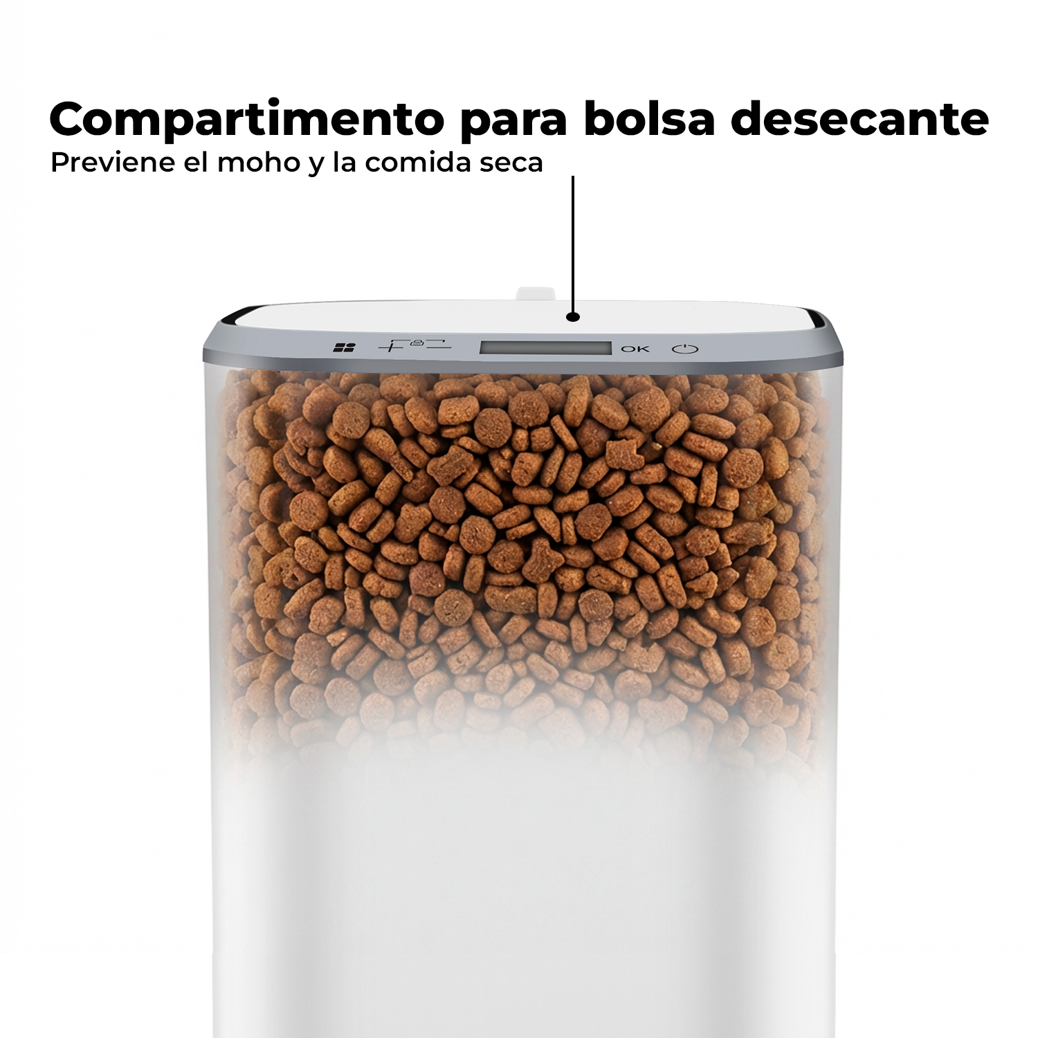 Un recipiente lleno de comida seca para mascotas, con compartimento para desecante.