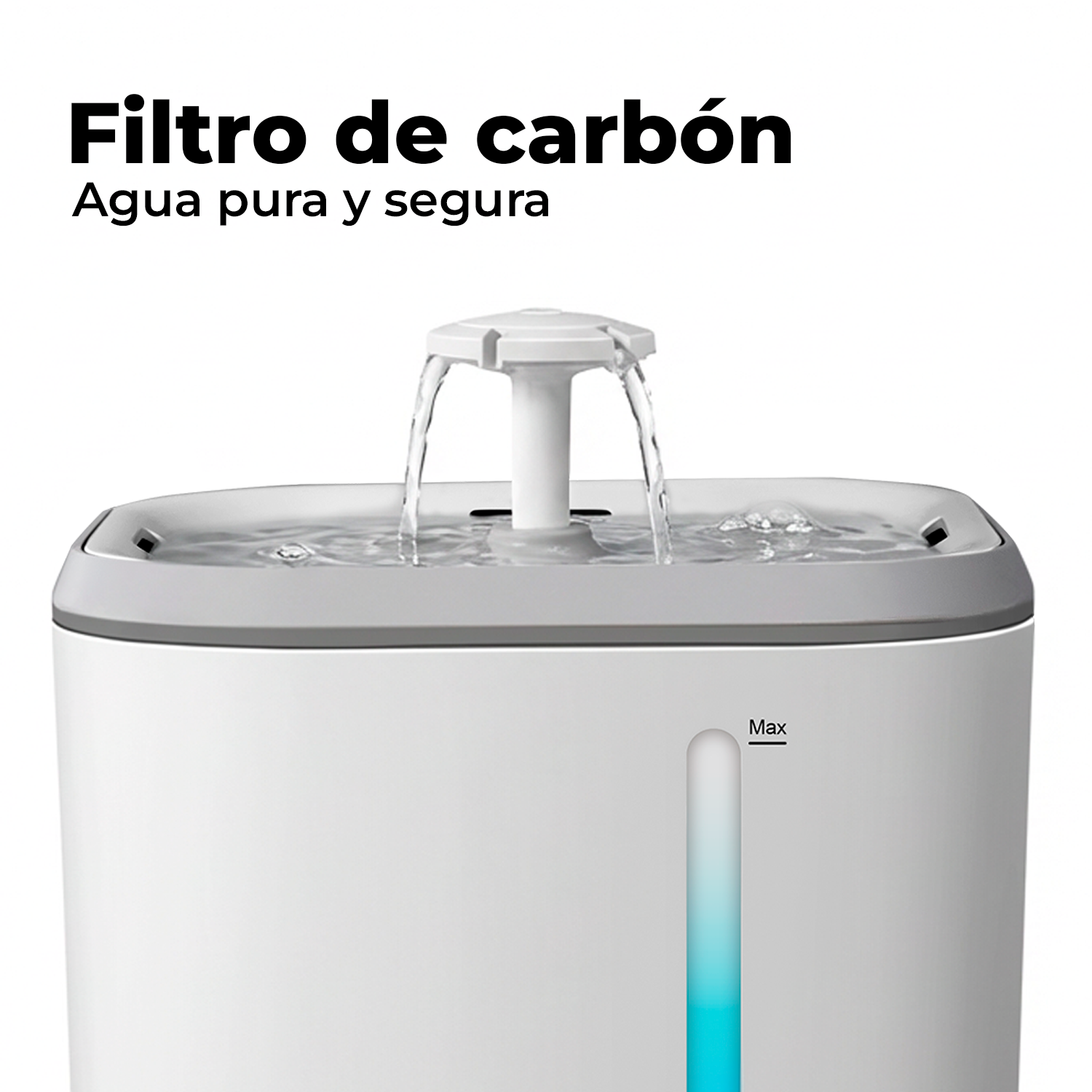 Fuente blanca para mascotas con chorro de agua y un indicador azul de nivel.