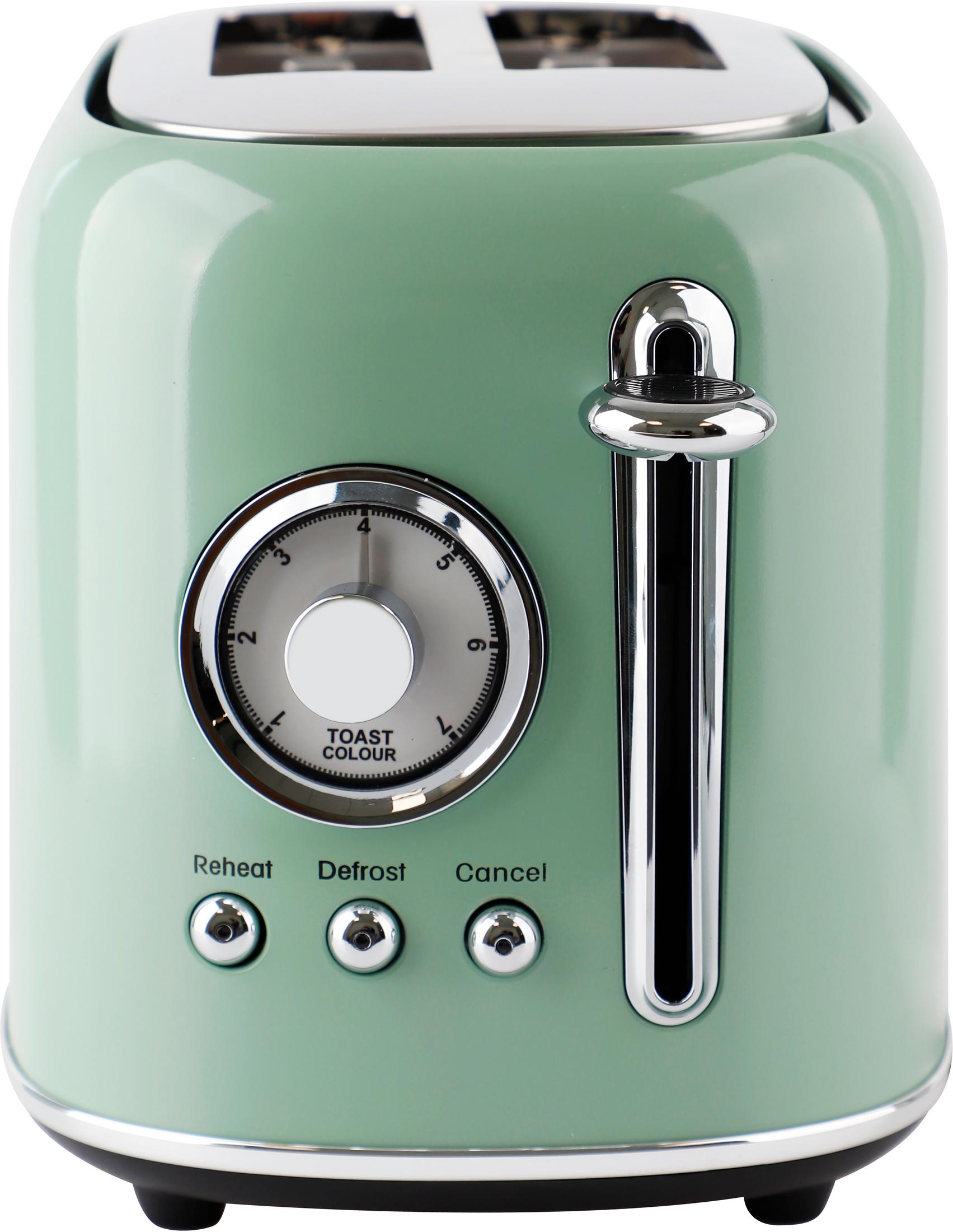 Groene broodrooster met zilveren accenten, toastkleurkiezer en knoppen.