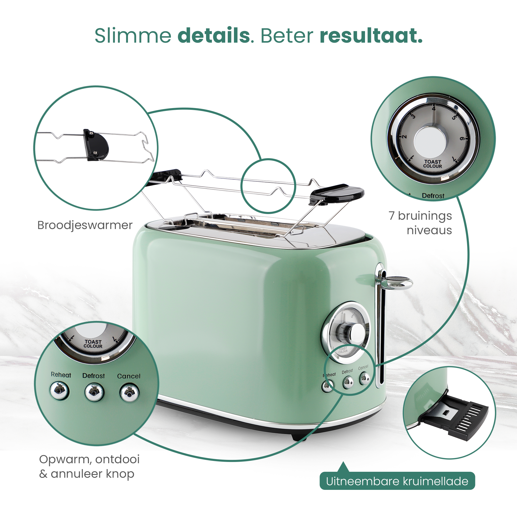 Een lichtgroene toaster met meerdere functies, inclusief broodjeswarmer.
