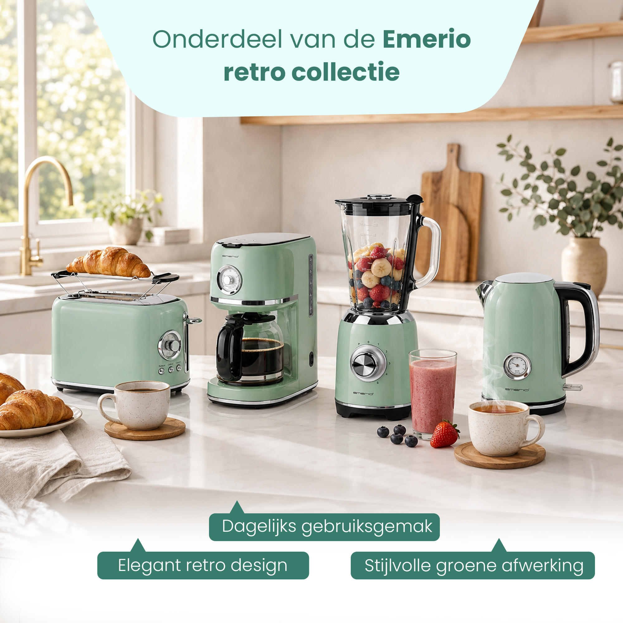 Groene retro keukenapparatuur: toaster, koffiezetapparaat, blender, waterkoker, croissants, koffie.
