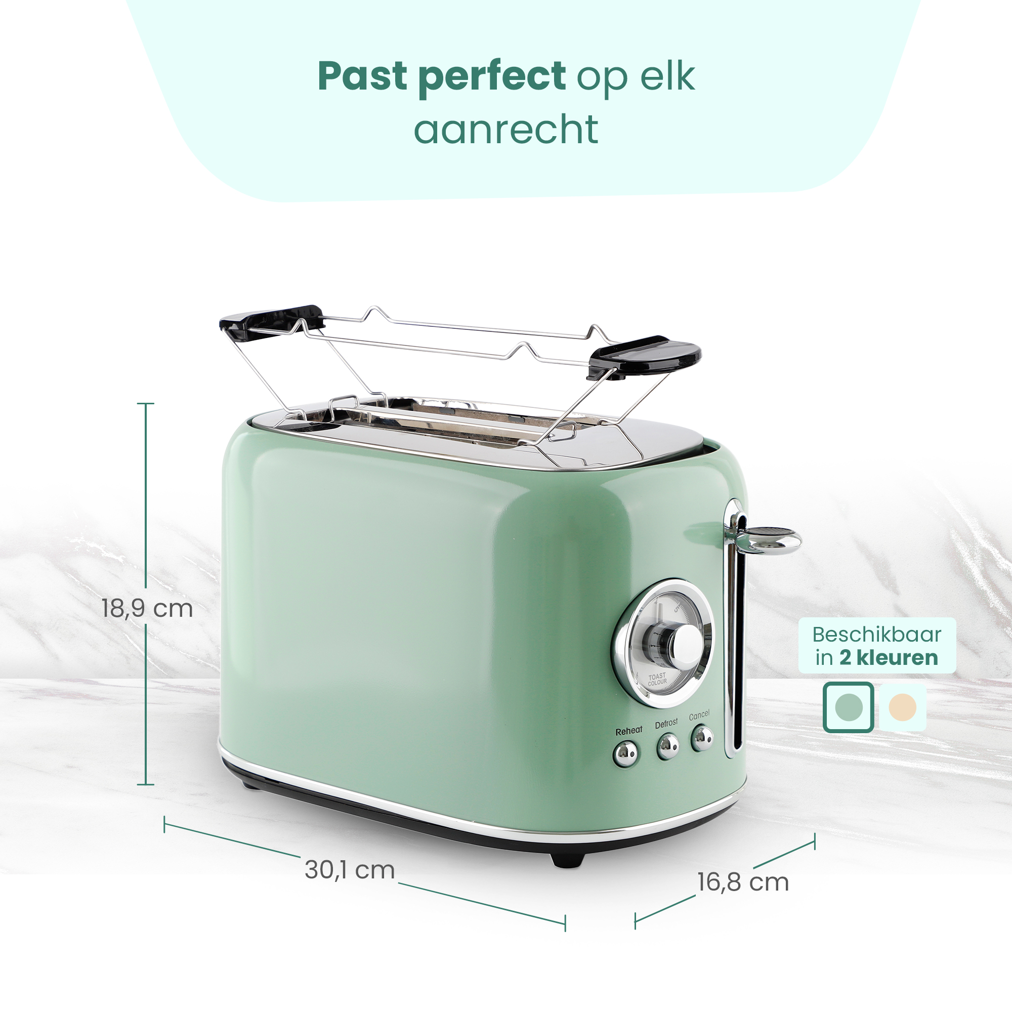 Een groene retro toaster met chroomaccenten, 18,9 x 30,1 x 16,8 cm.