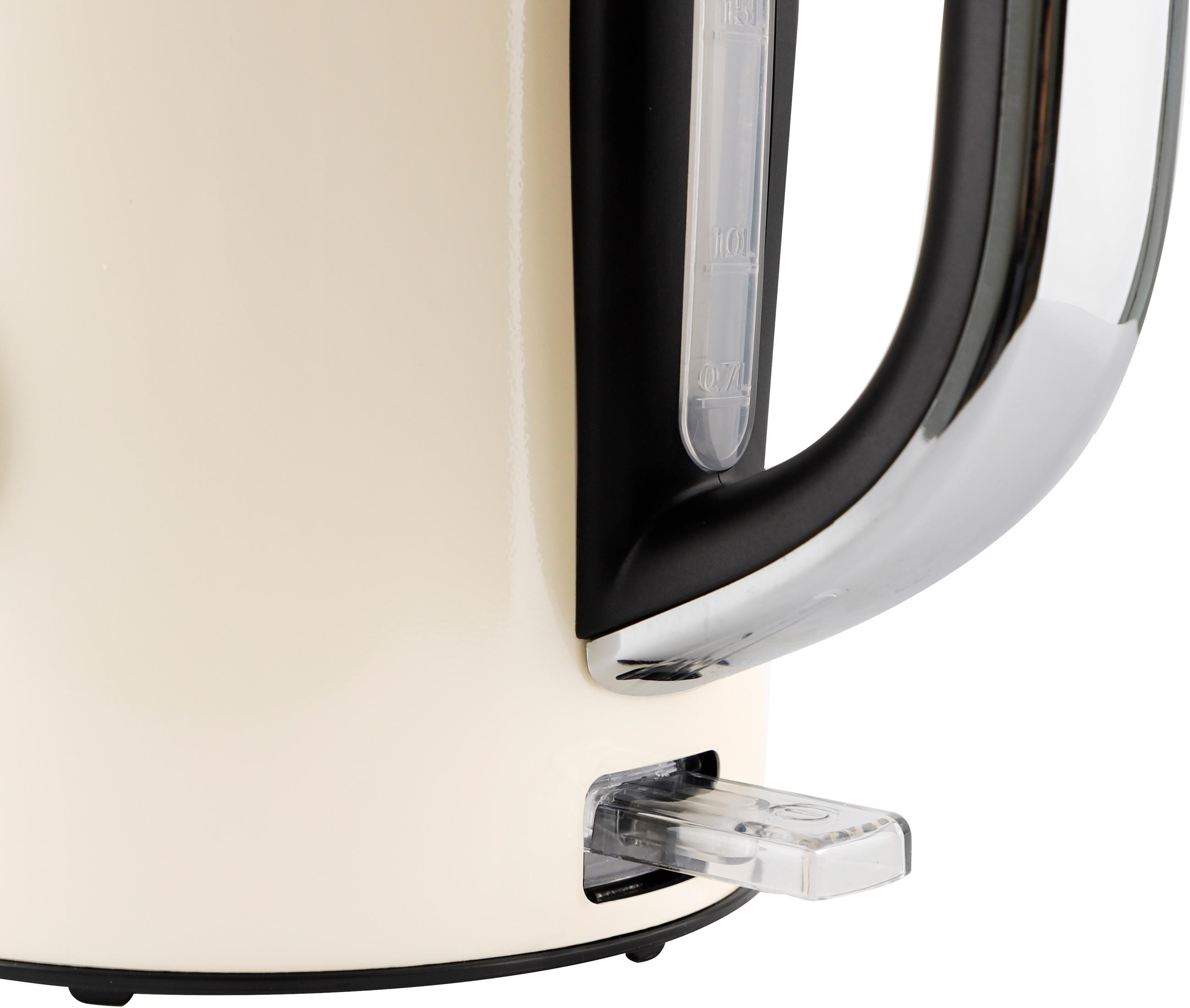 Close-up of a cream kettle with a black handle and water level indicator.