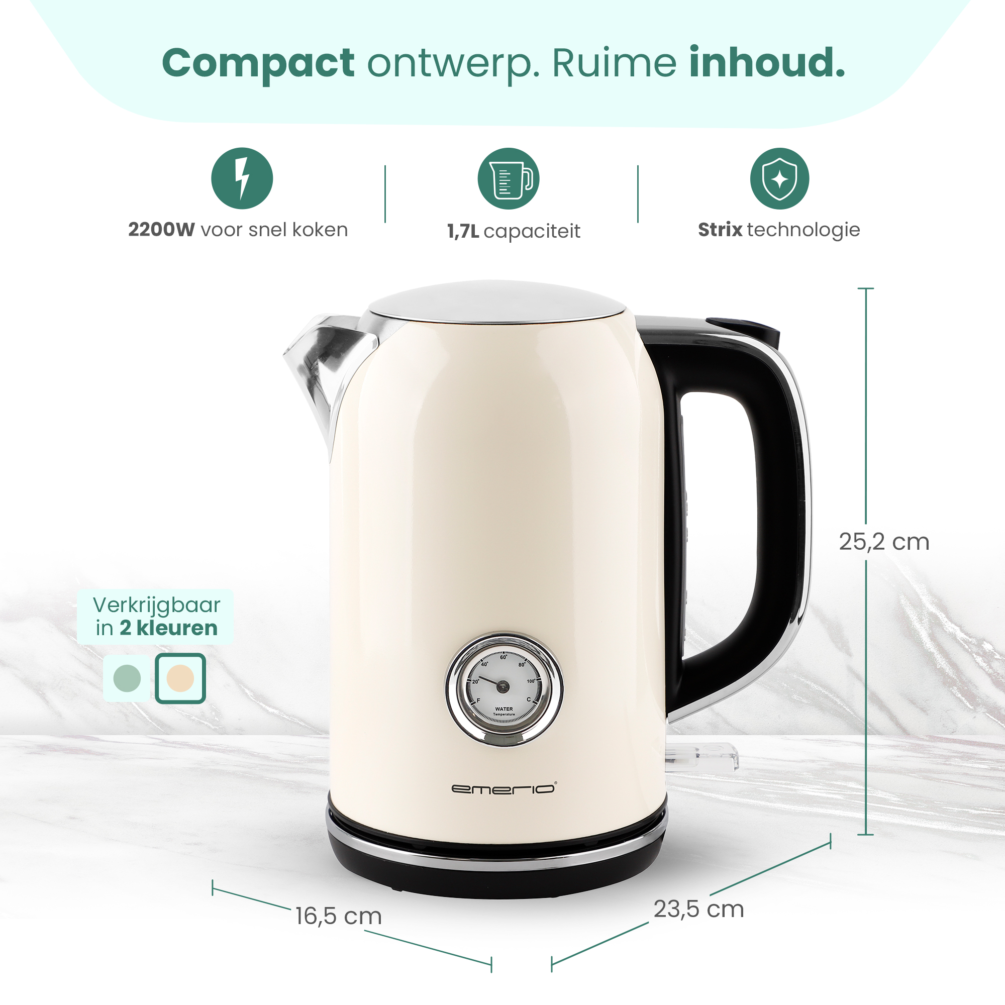 A cream-colored electric kettle with a black handle and a temperature gauge.