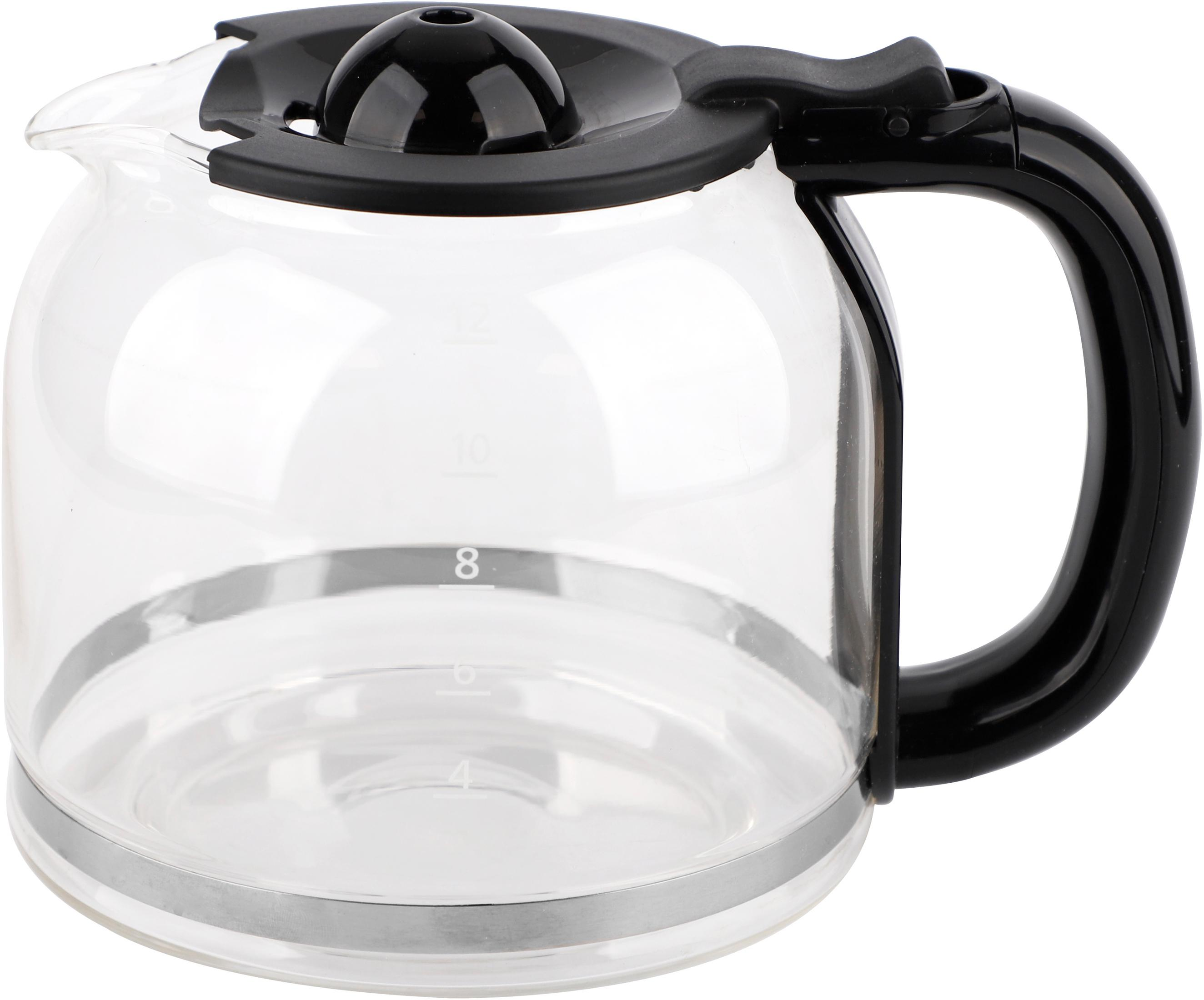 Glazen koffiekan met zwart handvat en deksel, gemarkeerd met 4 en 8.