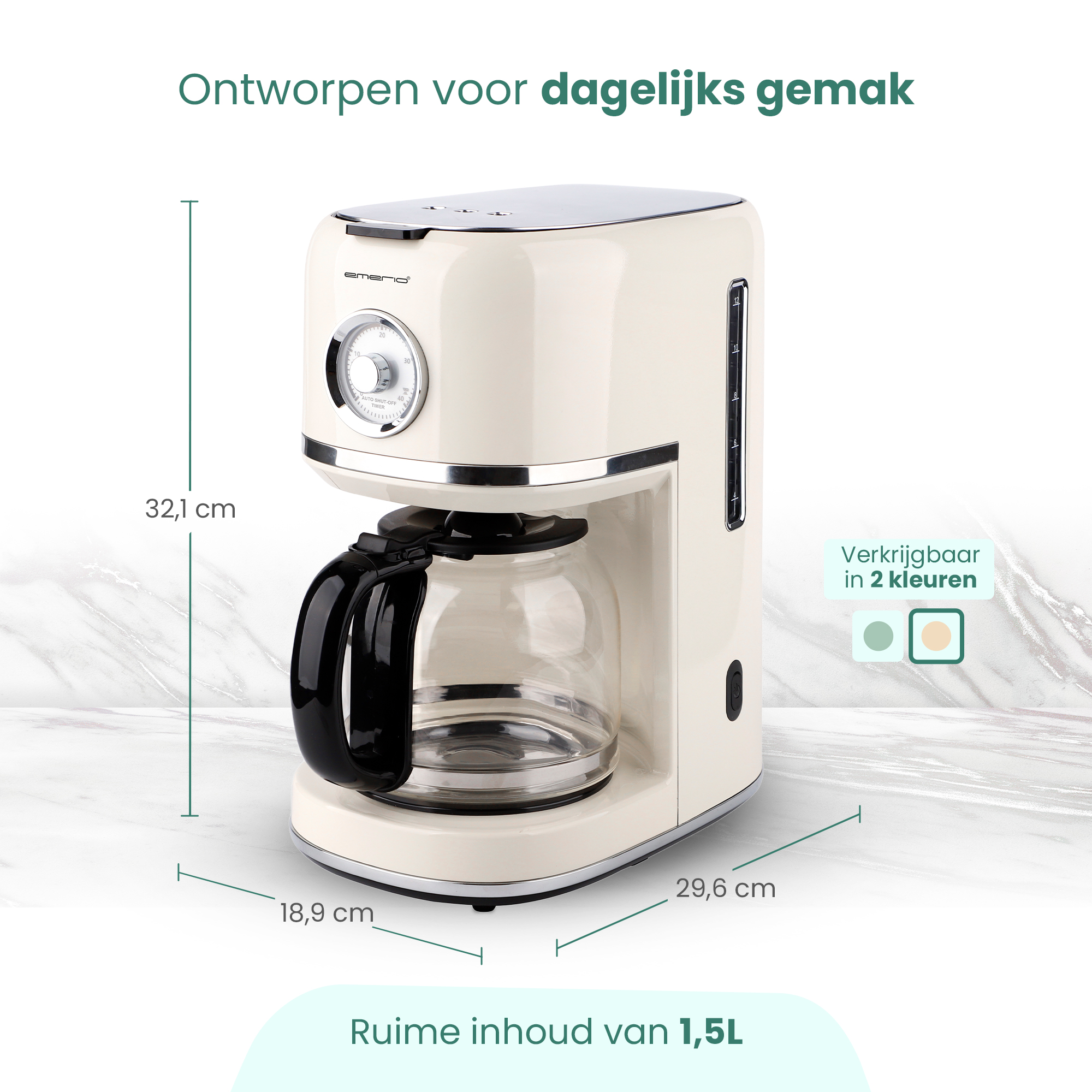 Een crème kleurige koffiezetapparaat met glazen kan en timer.