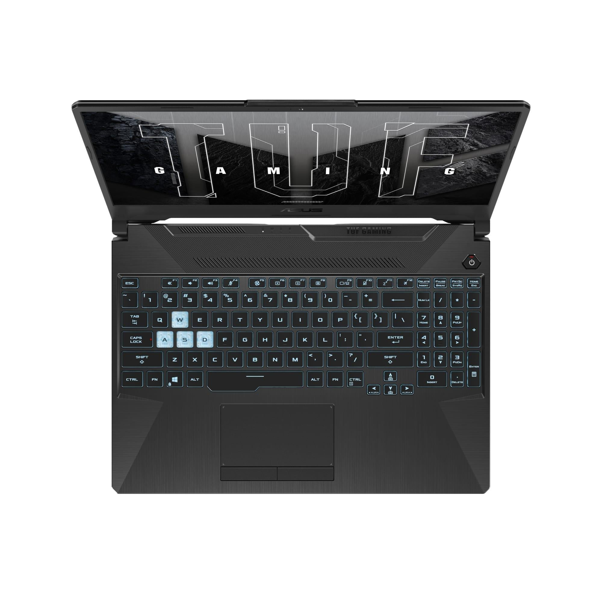 Ekranında gri geometrik tasarımlı, aydınlatmalı tuşlara sahip açık siyah ASUS TUF oyuncu dizüstü bilgisayarı.