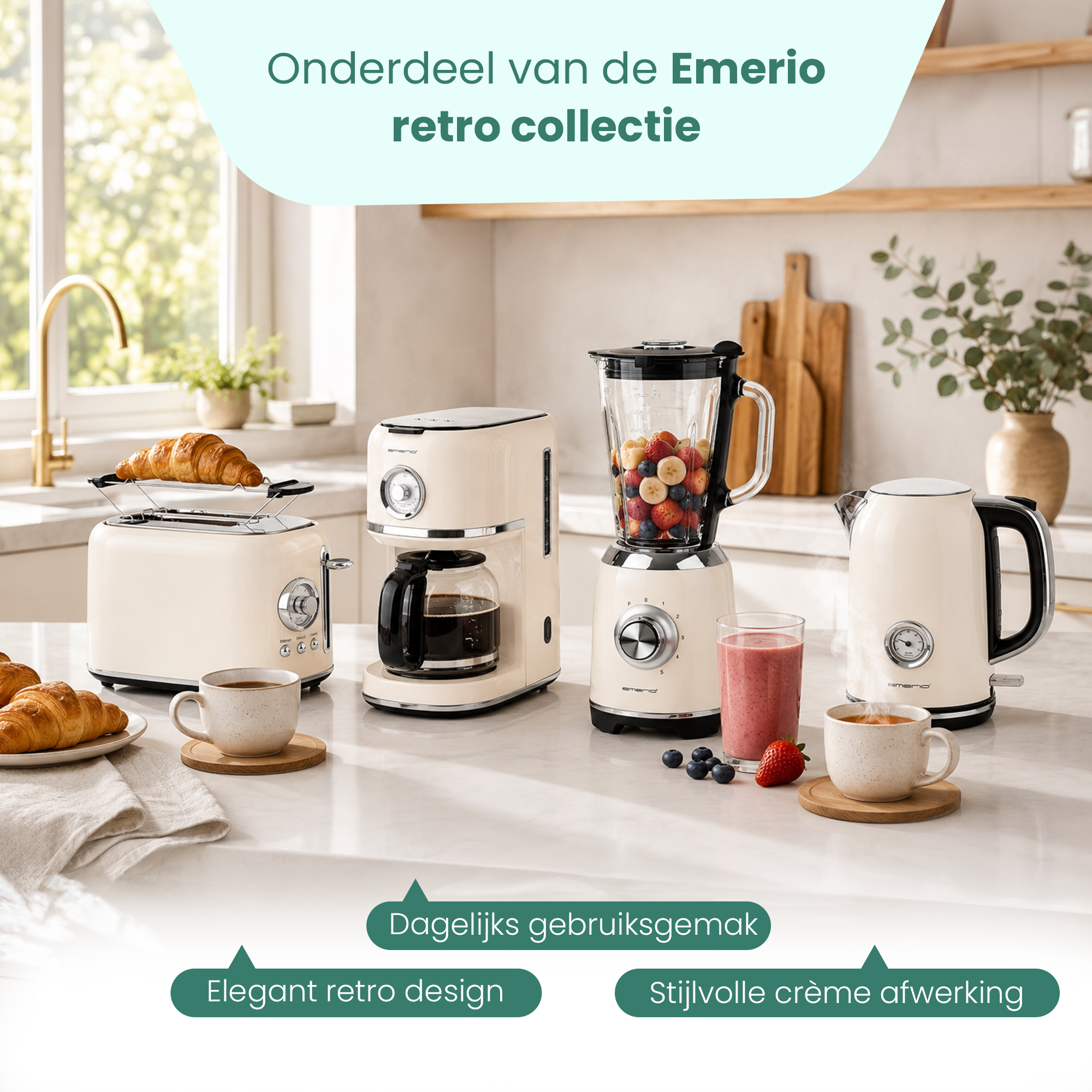 Crème retro keukenapparaten: broodrooster, koffiezetapparaat, blender, waterkoker.