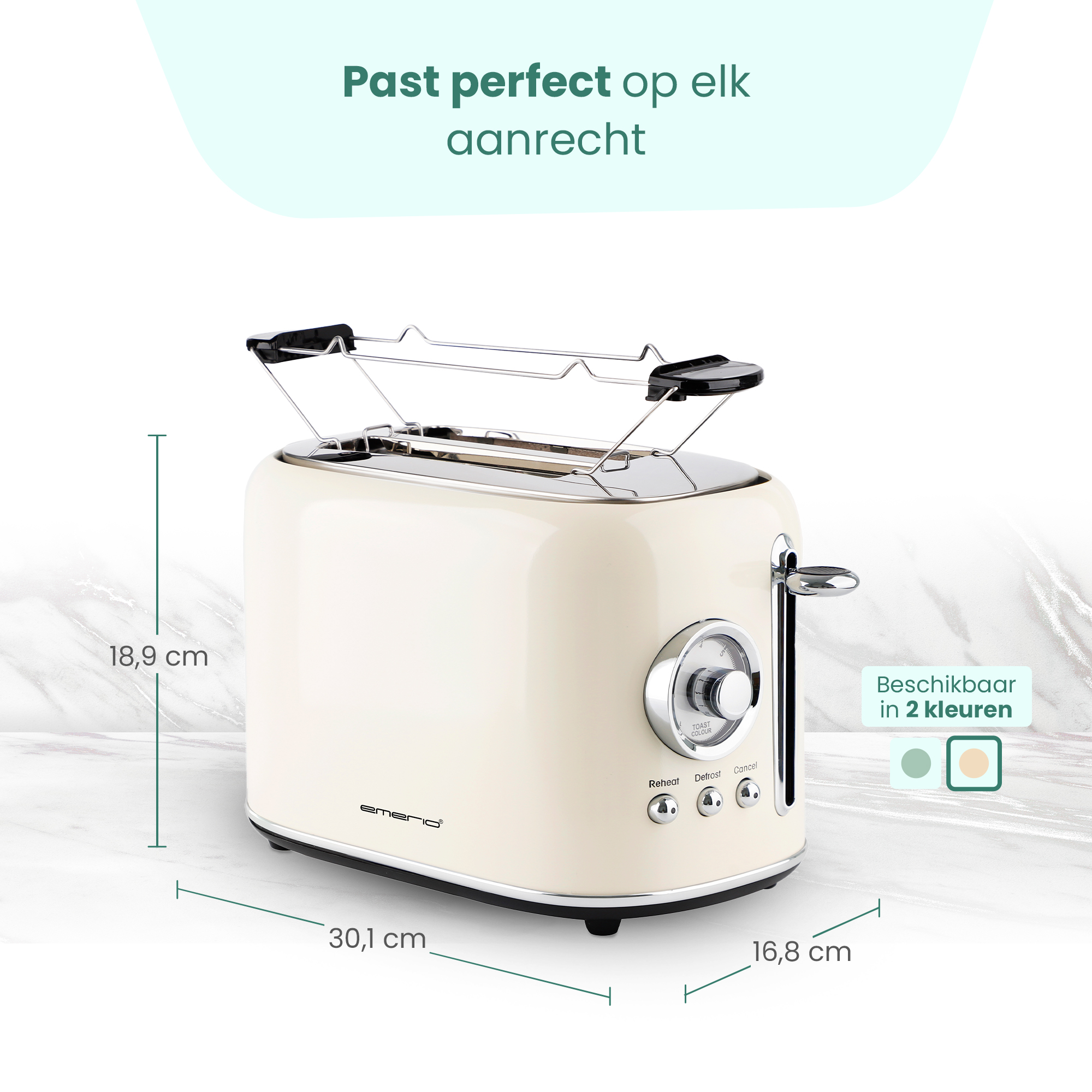 Een crèmekleurige retro broodrooster met chroomdetails en een toastkleurknop.