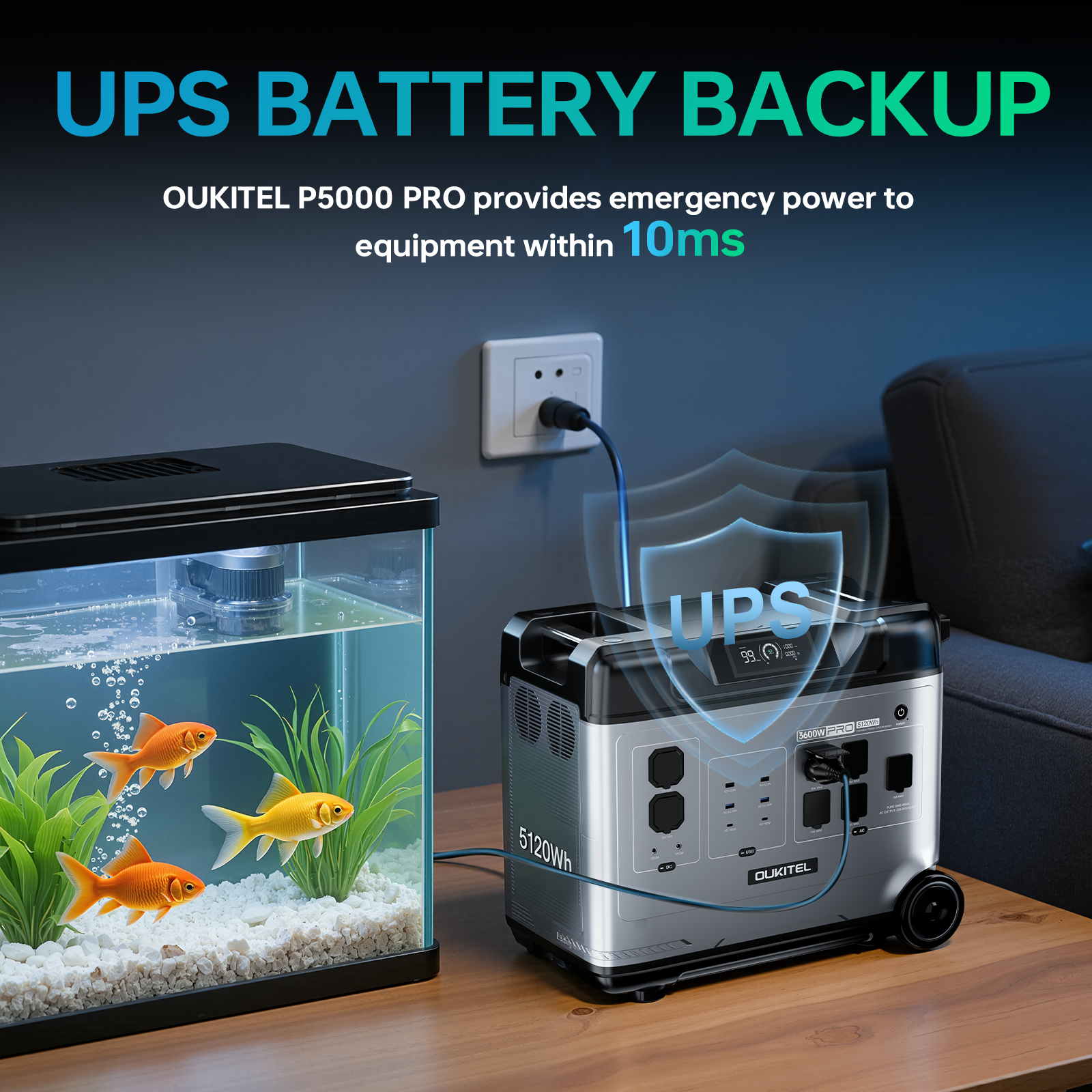 Una estación de energía OUKITEL P5000 PRO junto a una pecera con peces dorados.