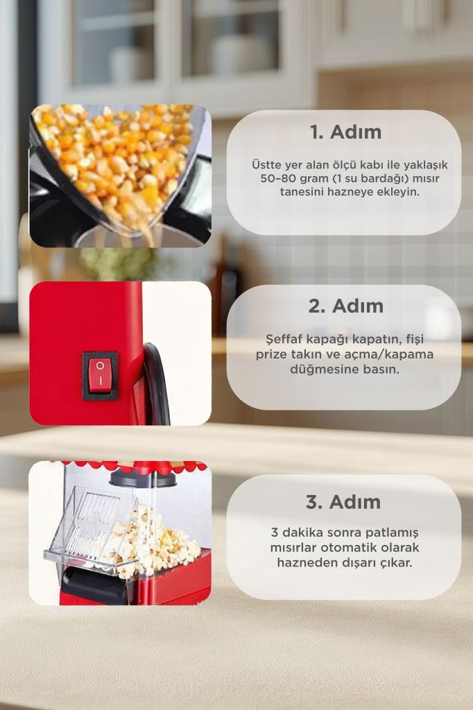 Talimatlar: Mısır taneleri ekleyin, kapağı kapatın, fişi takın, açın. Patlamış mısır çıkar.
