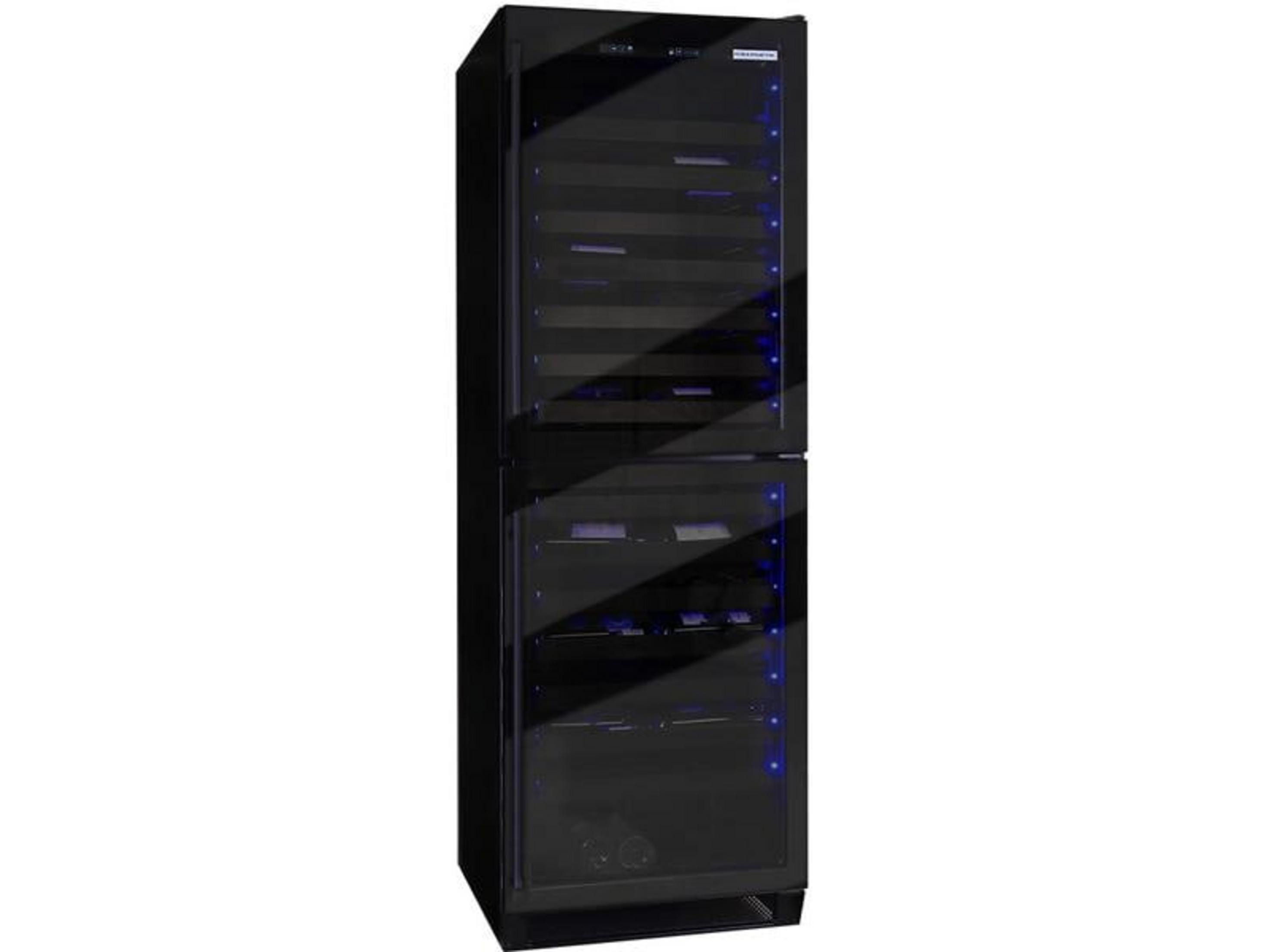 Un armadio nero alto e sottile per vino con porte in vetro e illuminazione interna blu.