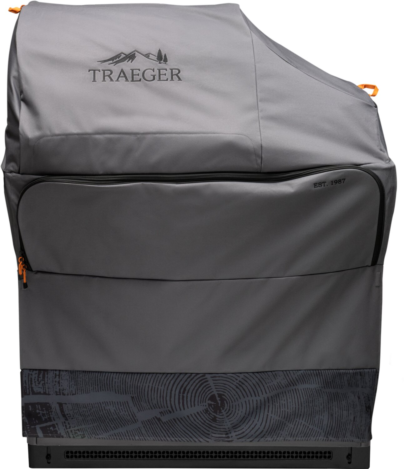 Funda gris para parrilla con logo Traeger, gráfico de montaña y cremallera.