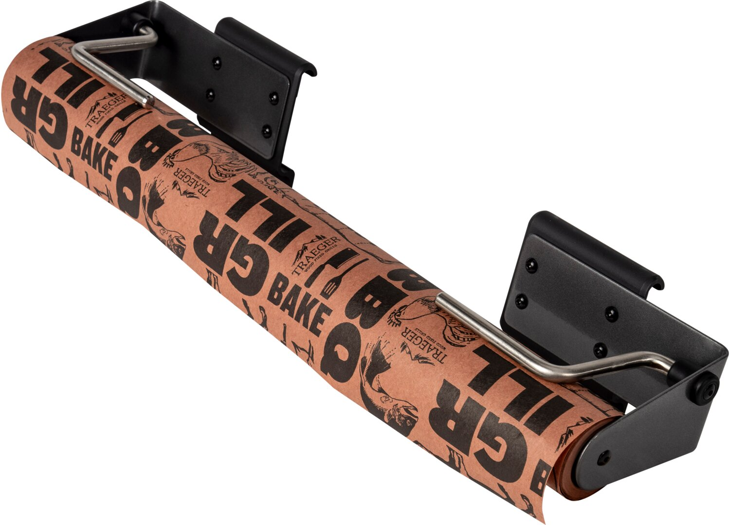 Un rollo de papel para parrilla Traeger con texto e imágenes negras en un dispensador de metal negro.