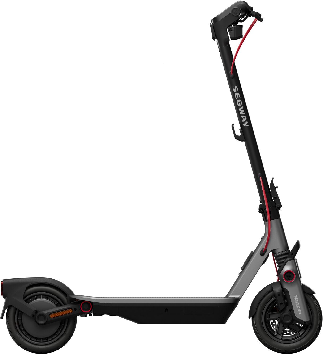 Un monopattino elettrico grigio e nero con accenti rossi, vista laterale.