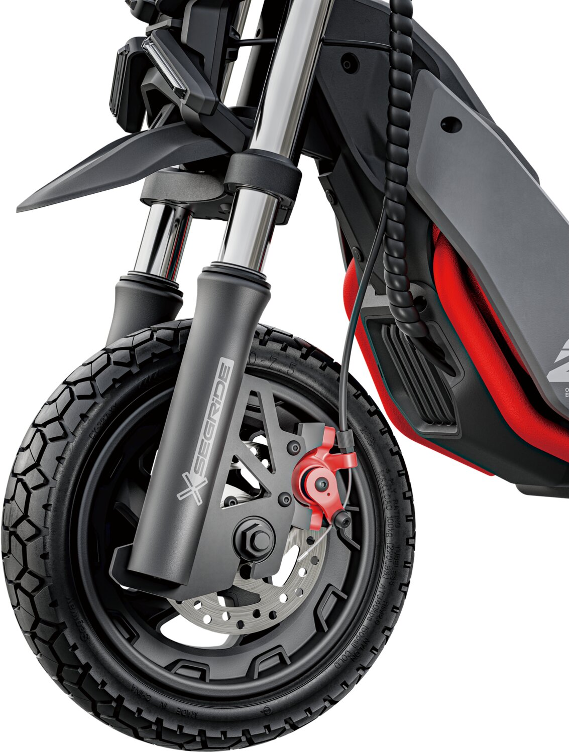 Vorderreifen und Federung eines schwarzen E-Scooters mit roten Bremssätteln.
