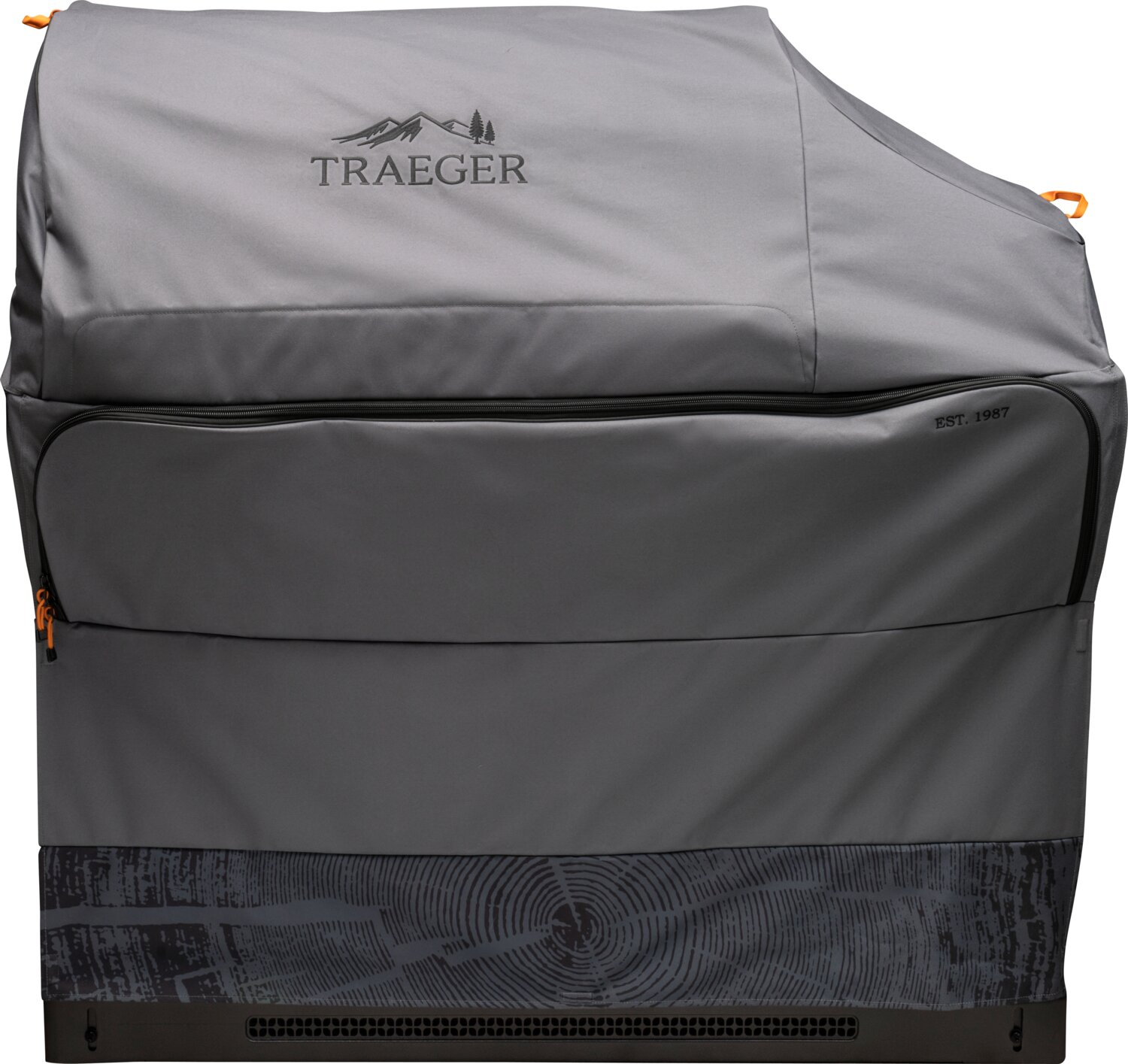 Funda gris para parrilla con logo Traeger y gráfico de montaña. Con cremallera y detalles naranjas.