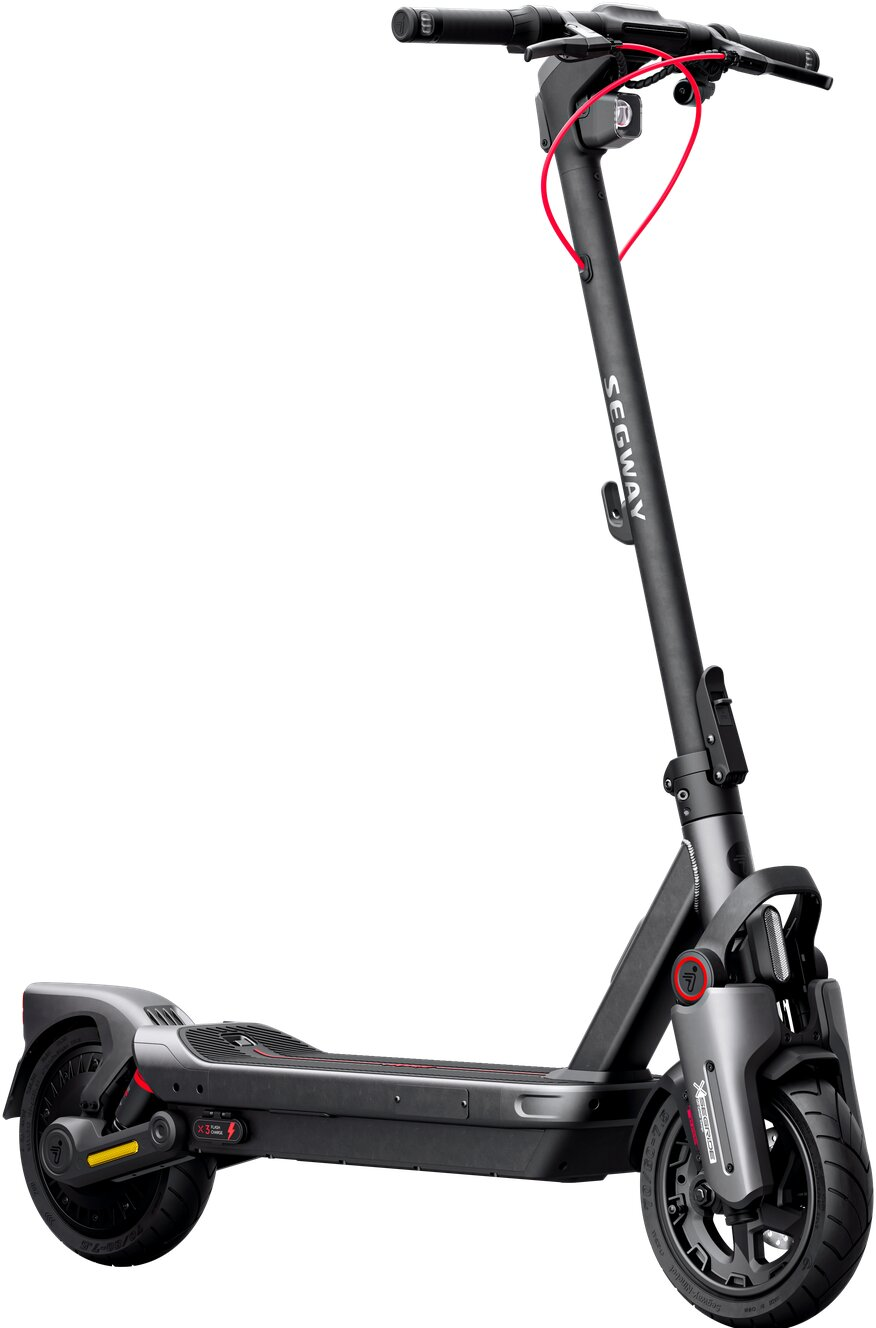 Un monopattino elettrico Segway grigio scuro con accenti rossi e sfondo bianco.