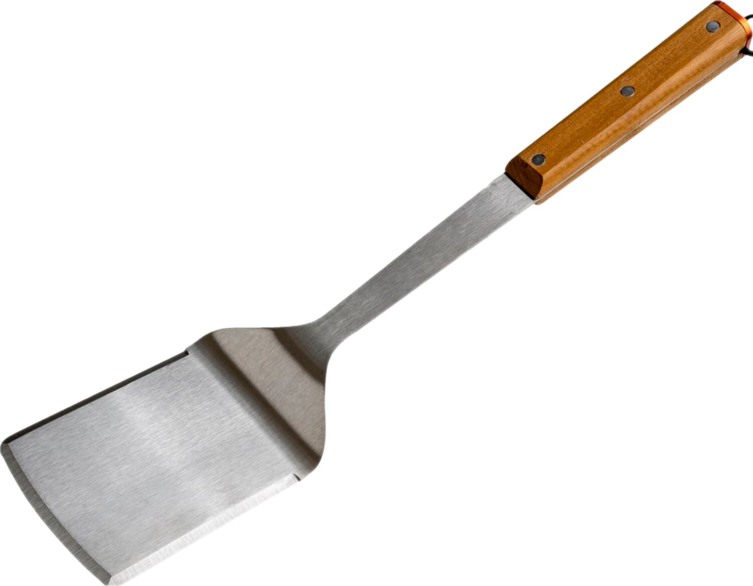 Una espátula de metal con mango de madera, sobre fondo blanco.