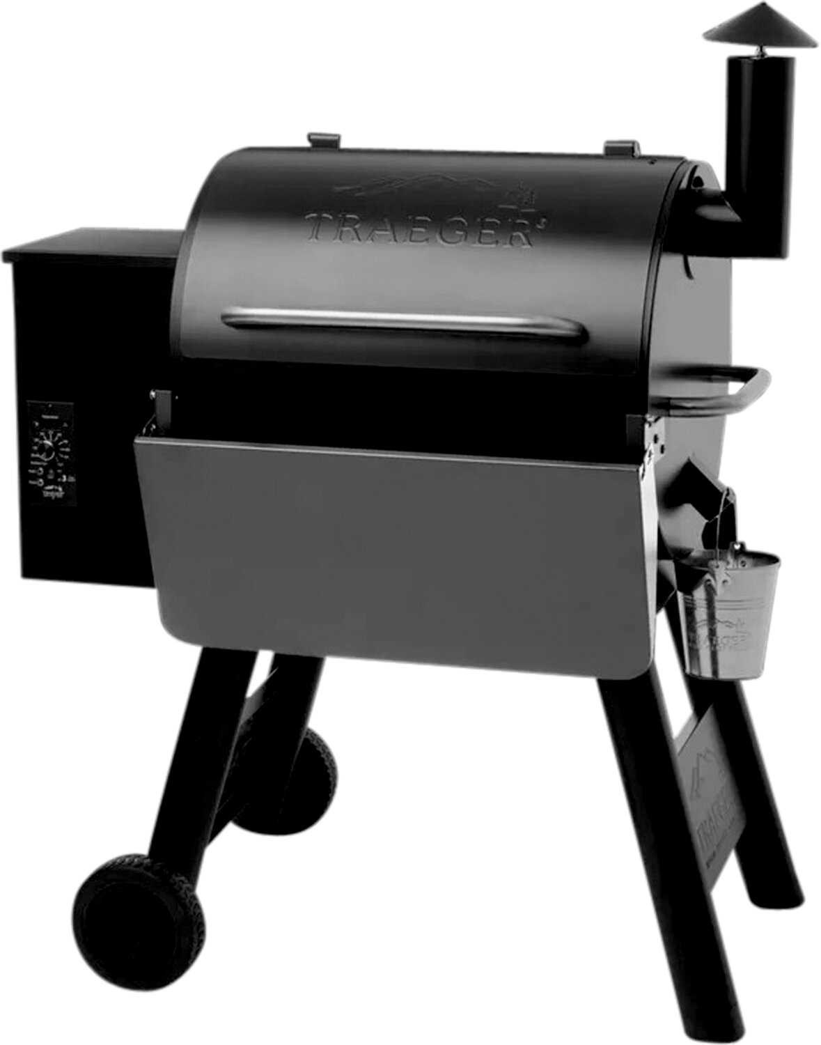 Una parrilla Traeger negra con tapa abierta y cubierta plateada, sobre cuatro patas.