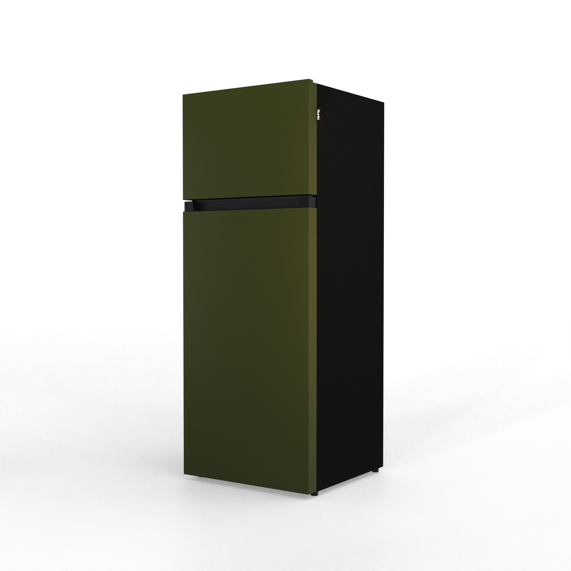 A two-door refrigerator in olive green and black, isolated on a black background.