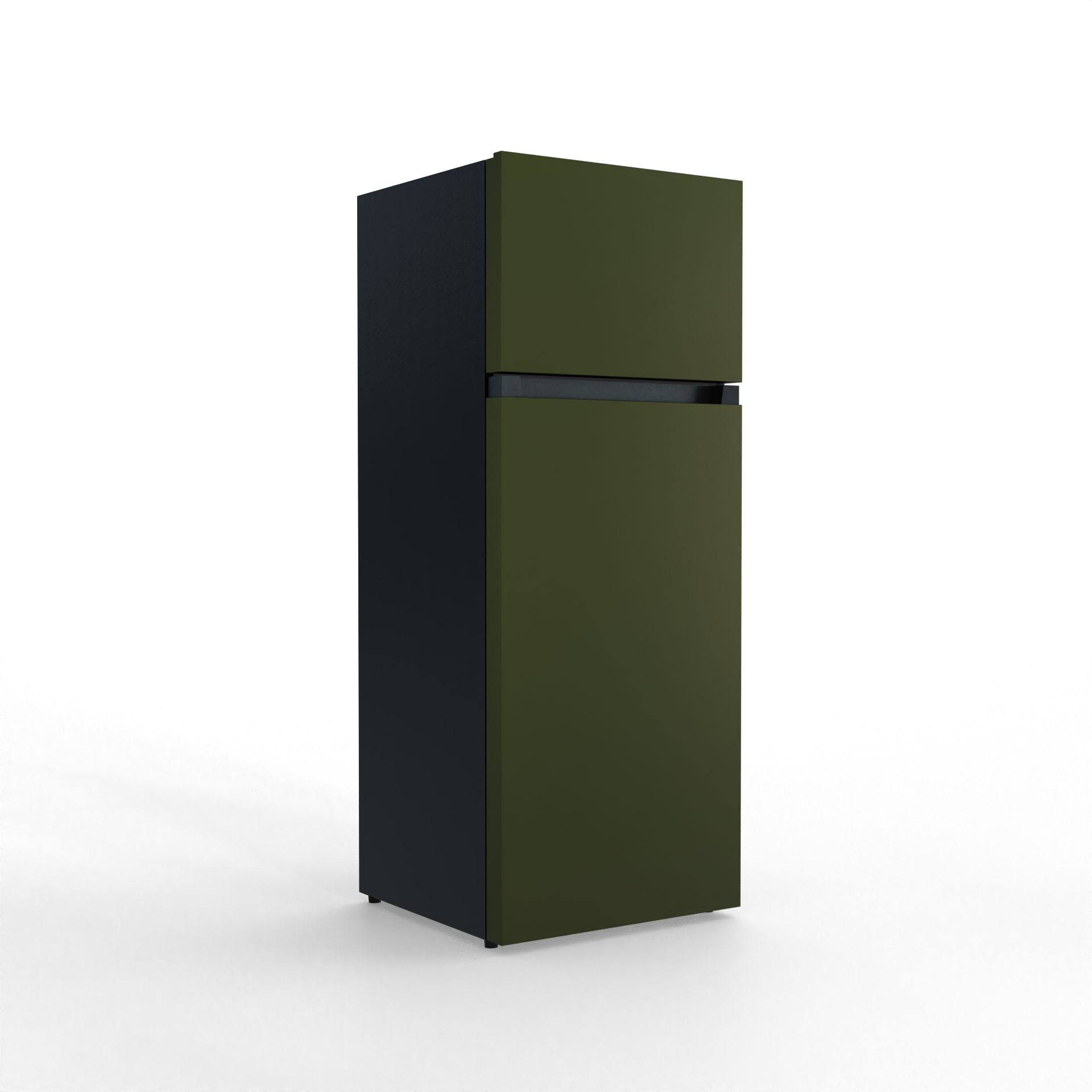 A two-door refrigerator in dark green and black, displayed freestanding.