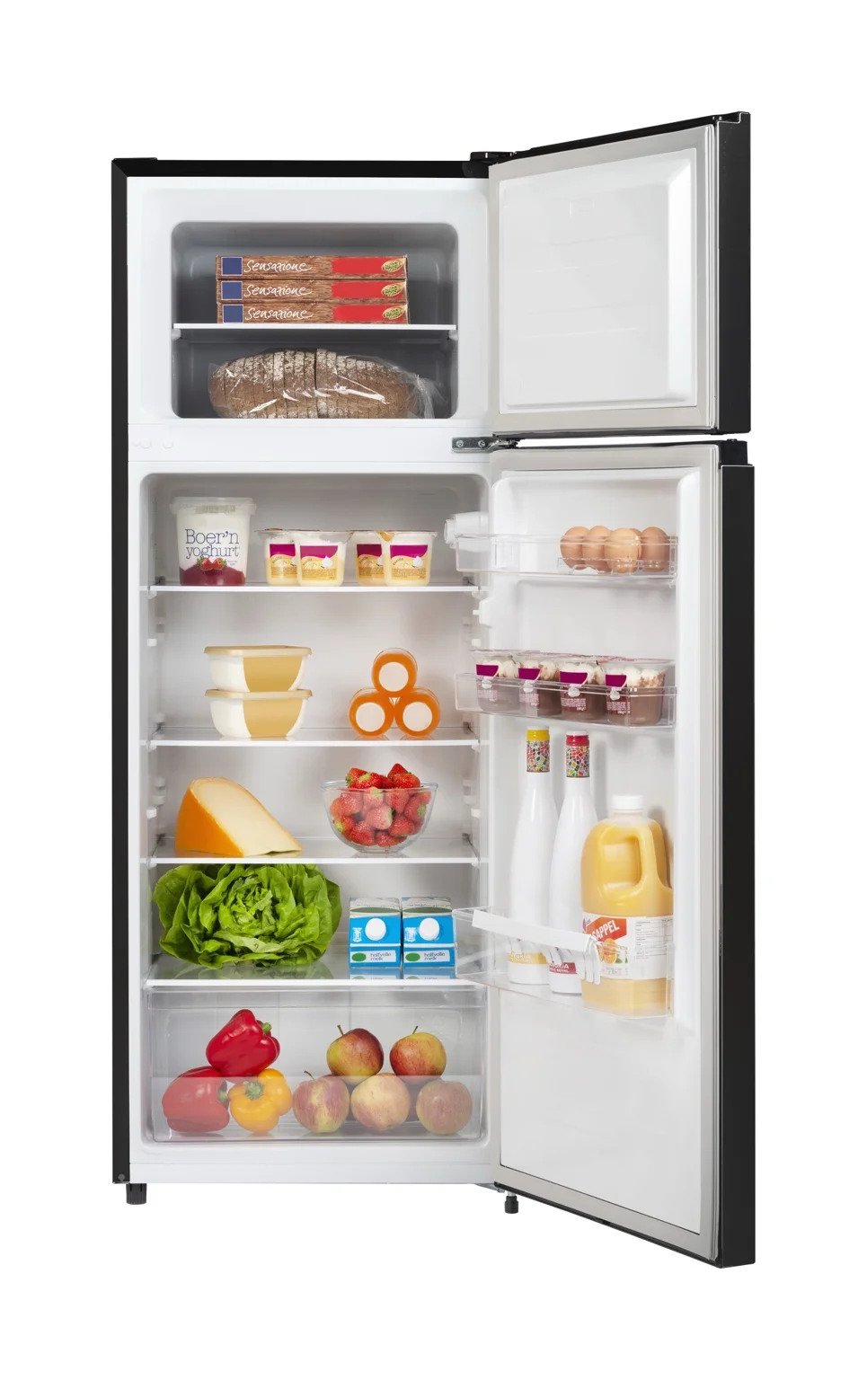 An open refrigerator stocked with food: bread, yogurt, eggs, cheese, fruit, vegetables, and drinks.