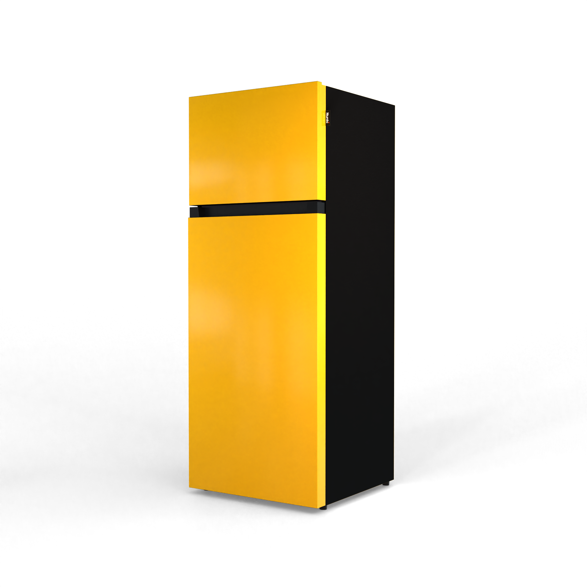 A yellow refrigerator with a black side and a black stripe.
