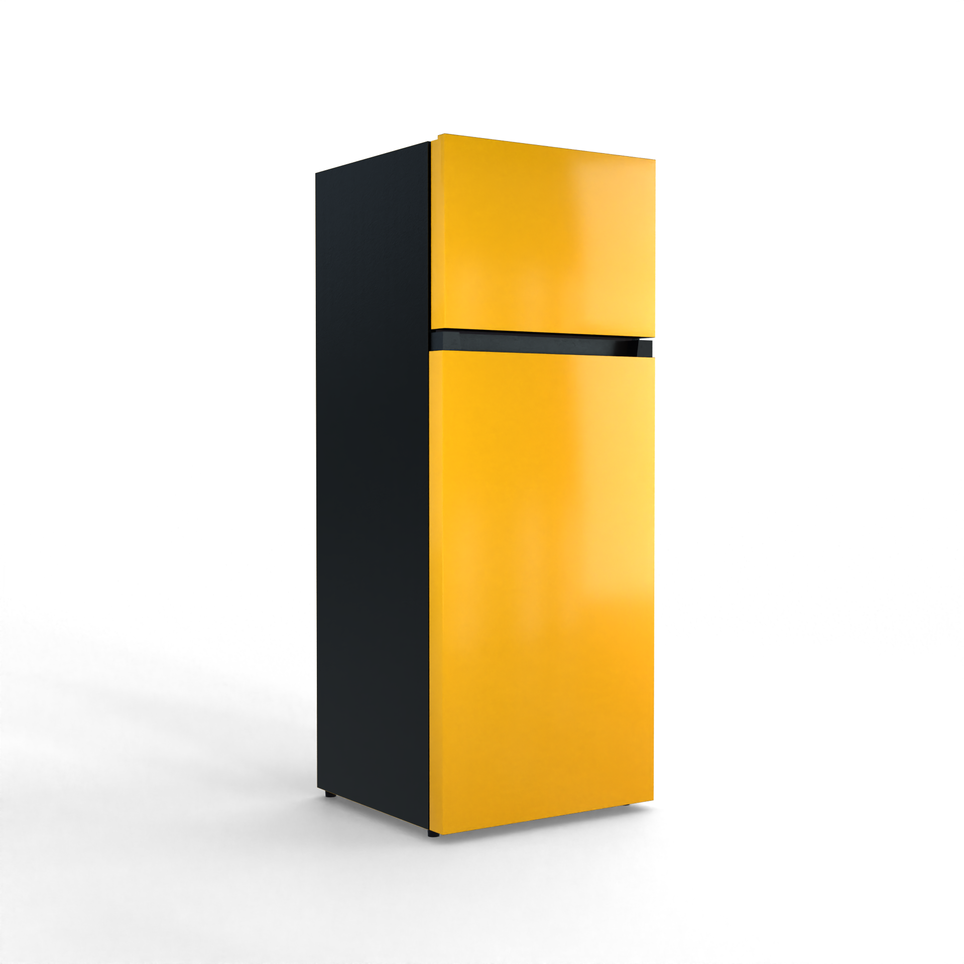 A two-door refrigerator in yellow and black, set against a black background.