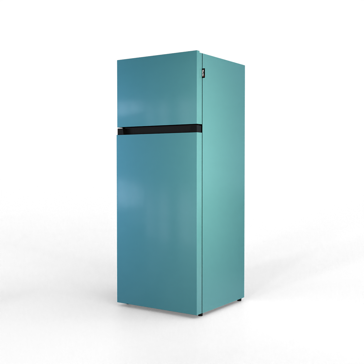 A teal-colored, two-door refrigerator stands against a black background.