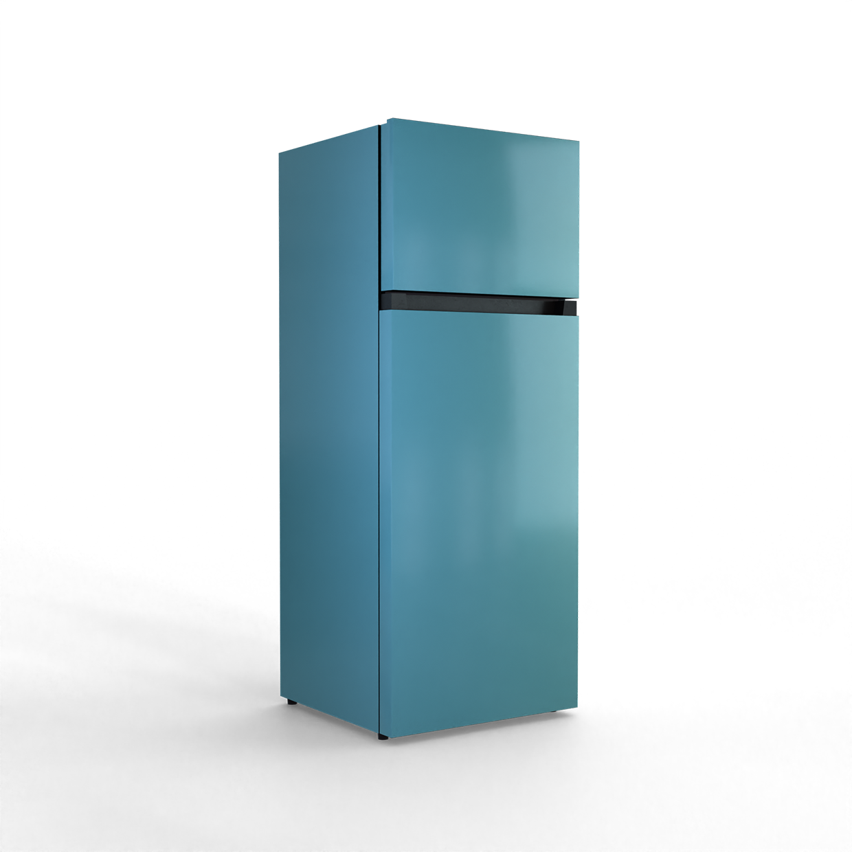 A blue two-door refrigerator stands against a black background.