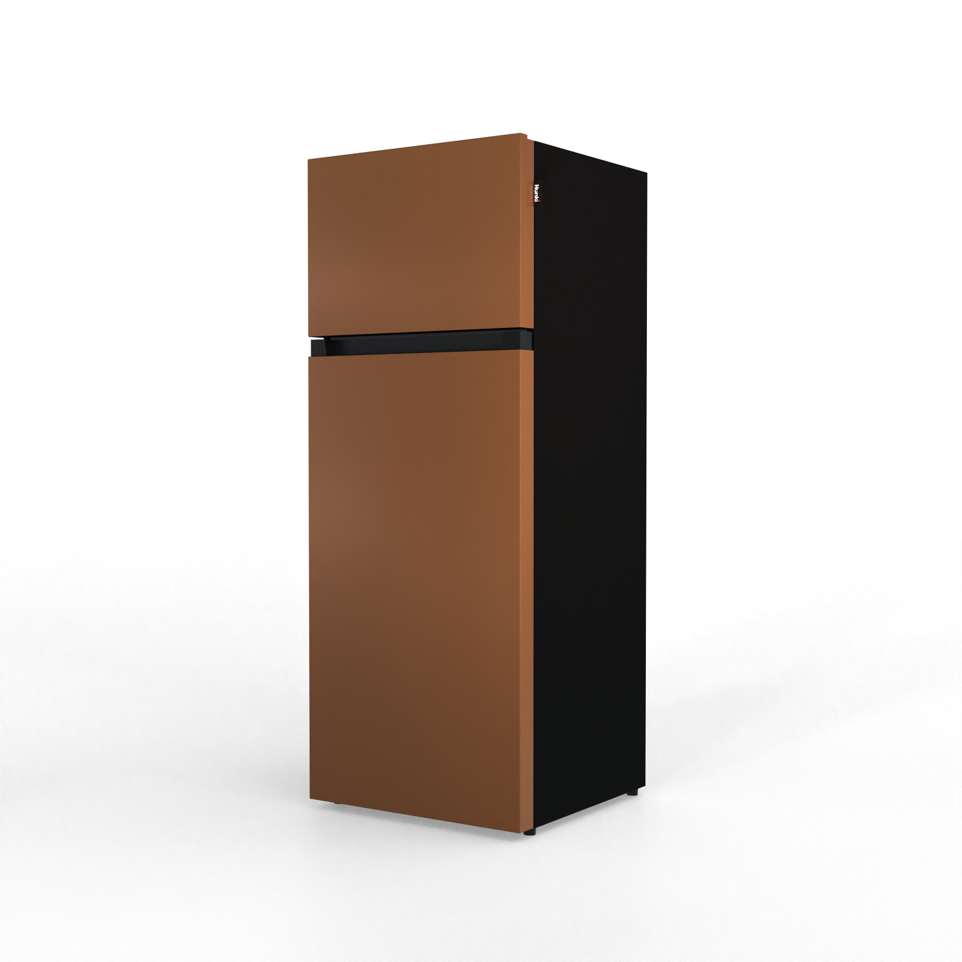 A brown refrigerator with a black side panel against a black background.