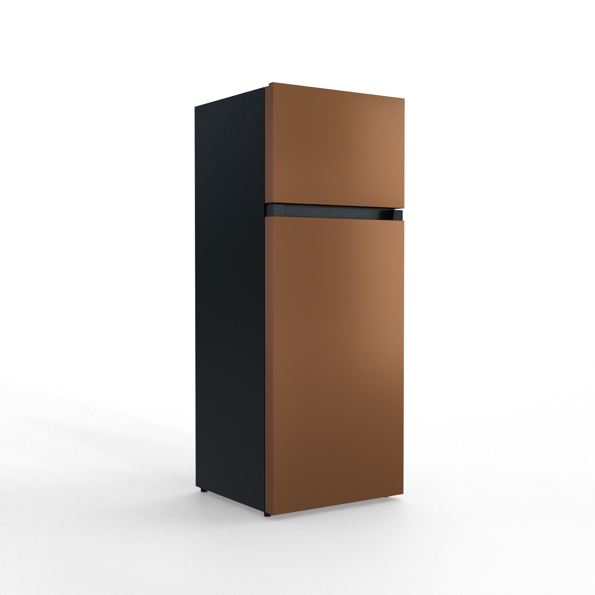 A two-door refrigerator with a bronze front and black side.