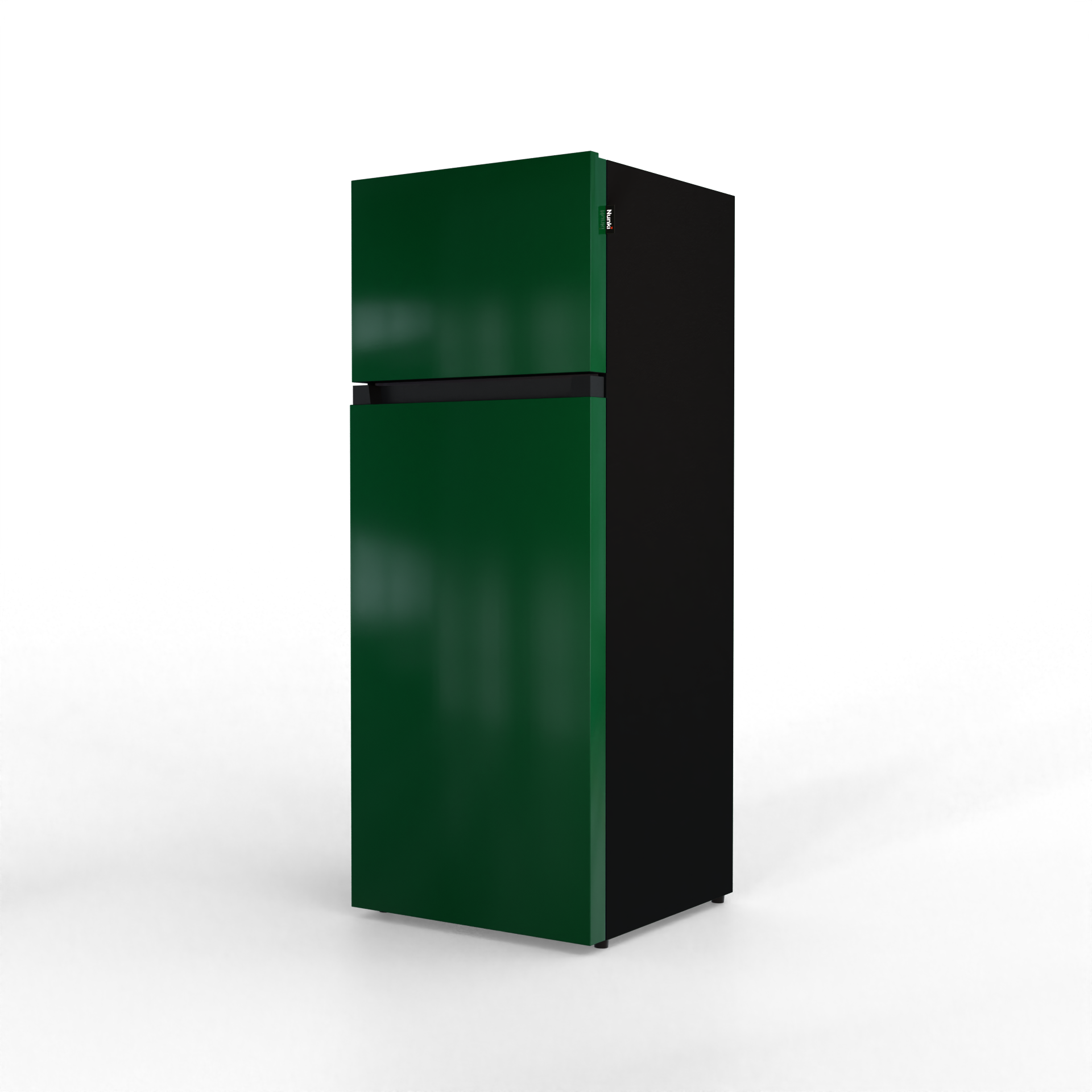 A two-door, dark green refrigerator with a black body against a black background.
