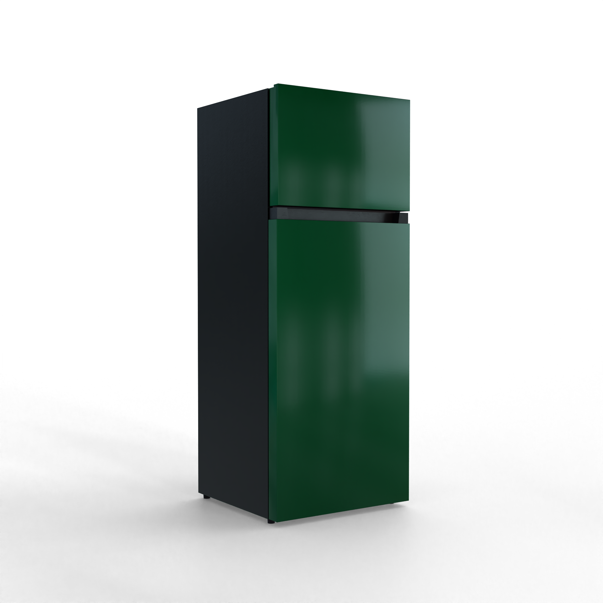 A dark green refrigerator with a black side stands against a black background.