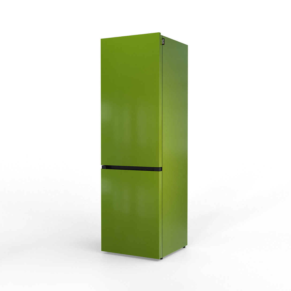 A slim, lime-green refrigerator with a black trim, isolated on a black background.