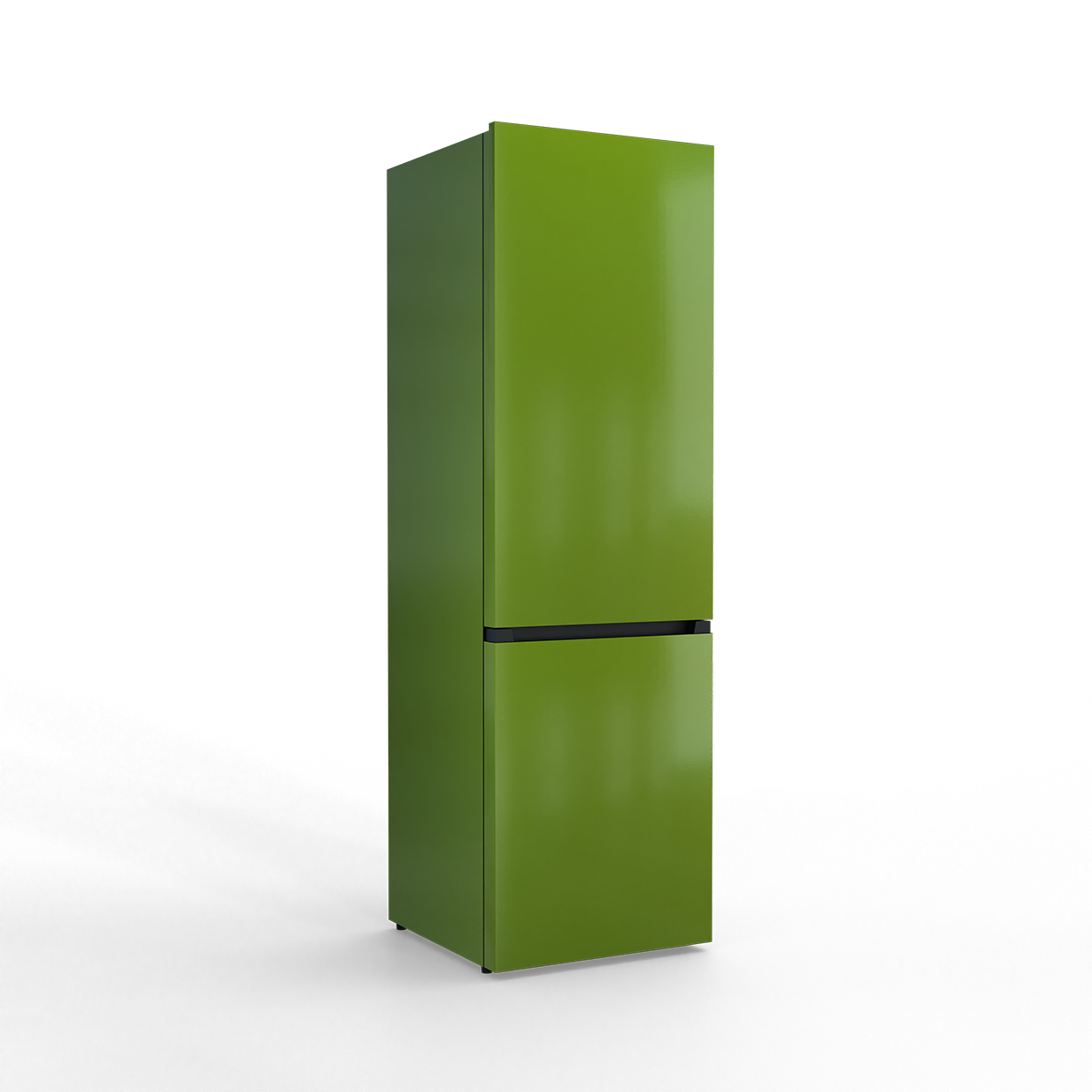 A tall, slim, bright green fridge-freezer with a black dividing line.