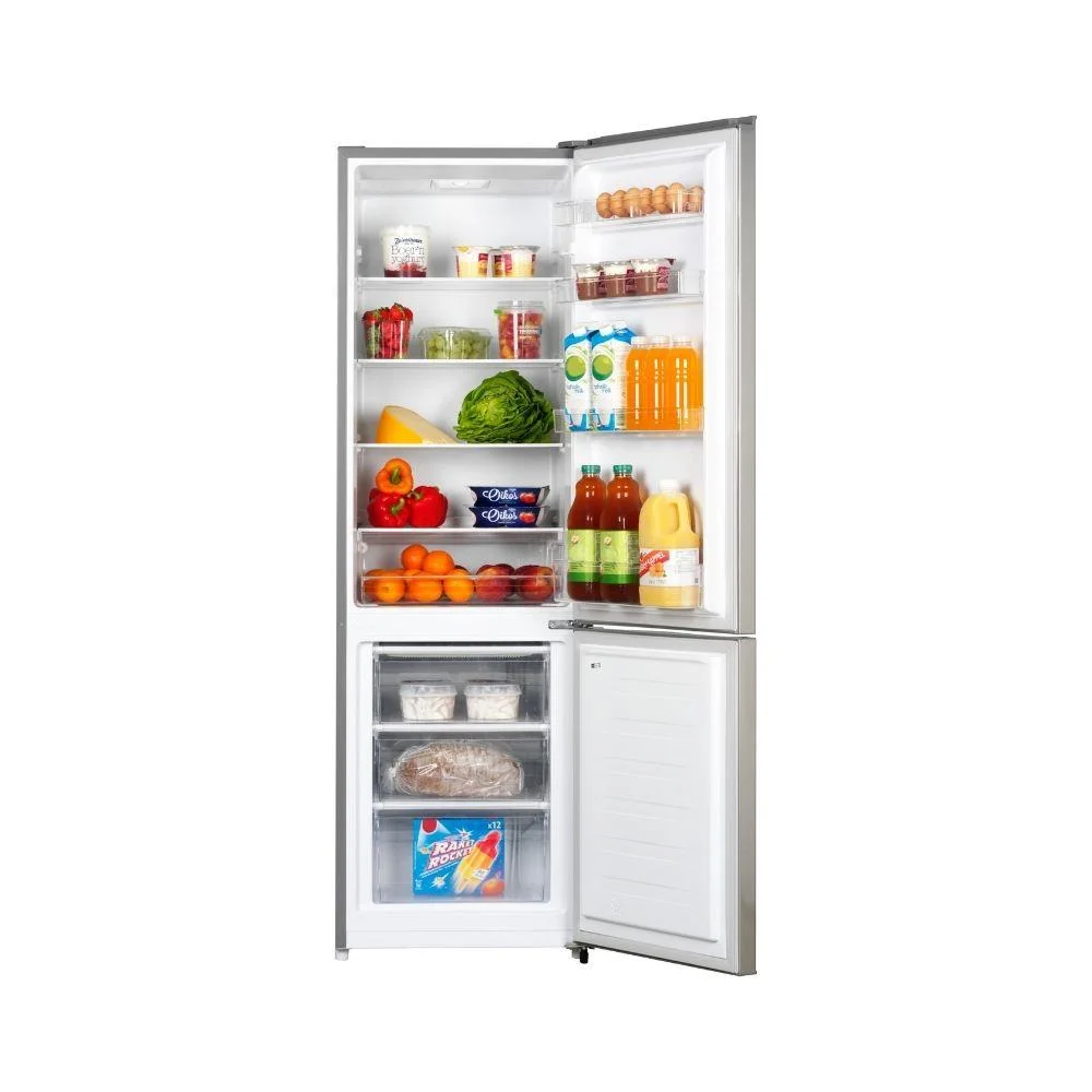 An open refrigerator filled with food: fruits, vegetables, juices, eggs, and ice cream.