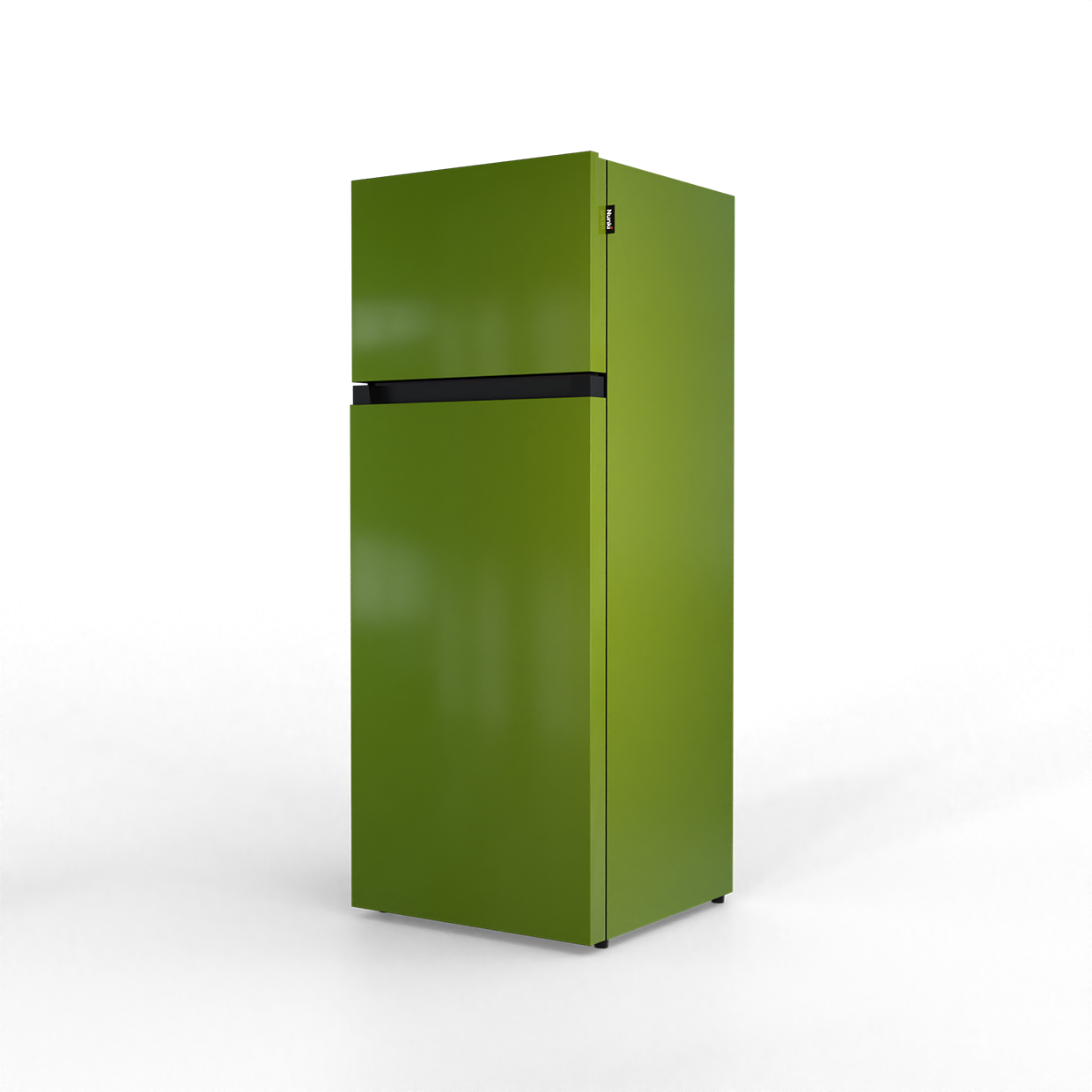 A green refrigerator with a black stripe, on a black background.