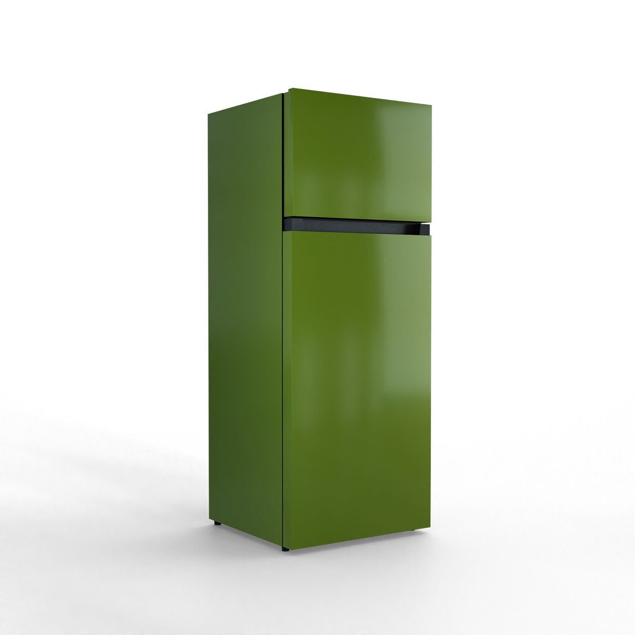 A green, two-door refrigerator-freezer with a black handle.