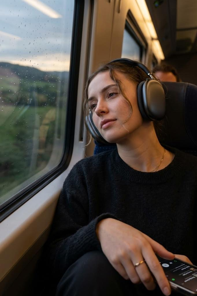 Kulaklıklı genç kadın tren penceresinden yağmurlu manzaraya bakıyor.