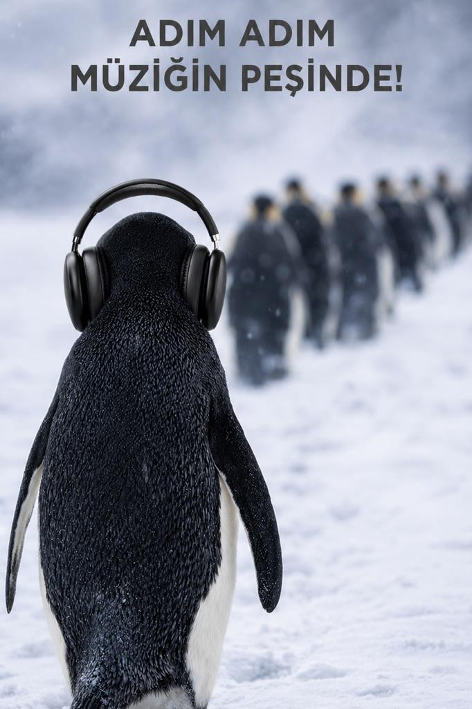 Kulaklıklı bir penguen karda diğer penguenlerle sırada yürüyor.