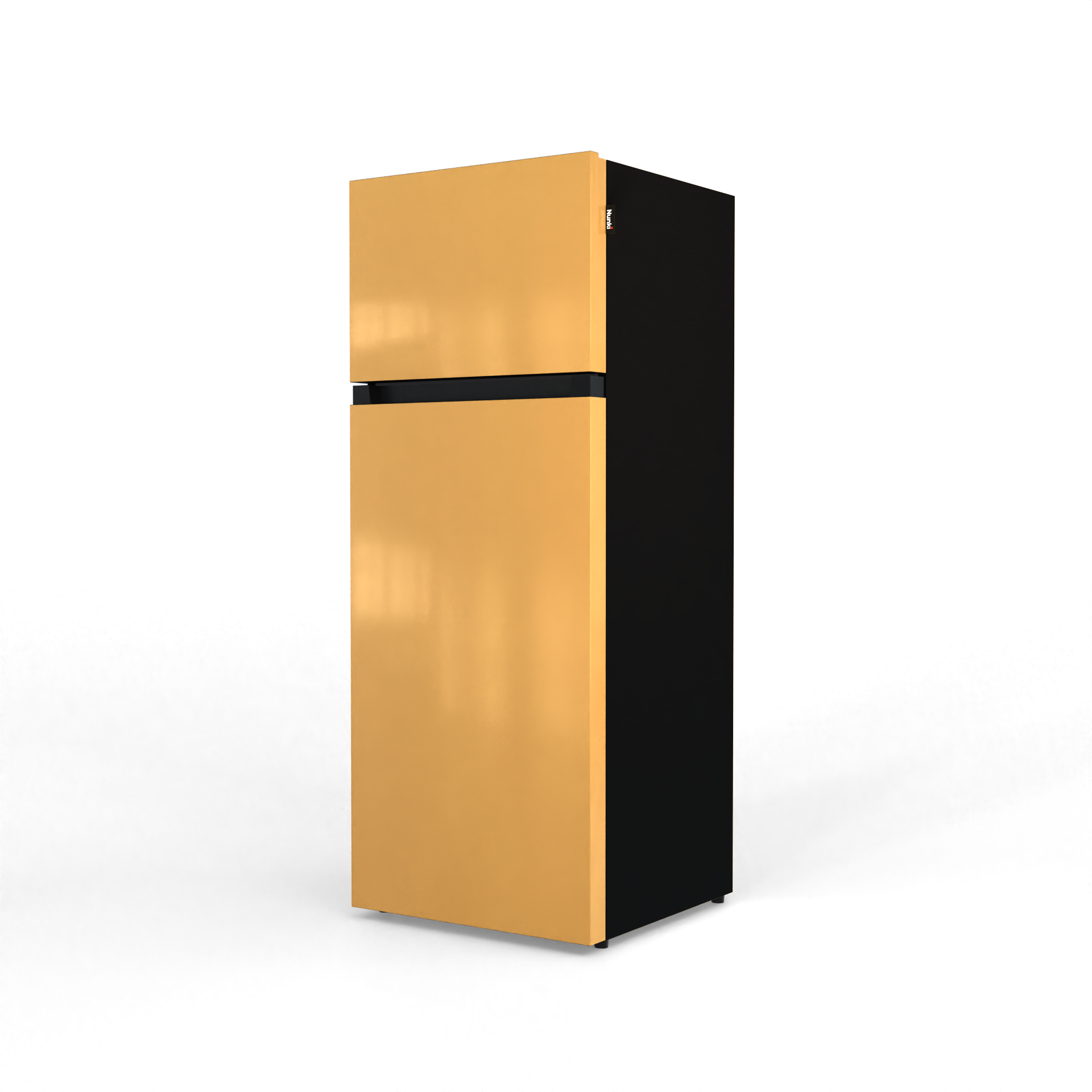 A golden refrigerator with a black side and a black stripe.