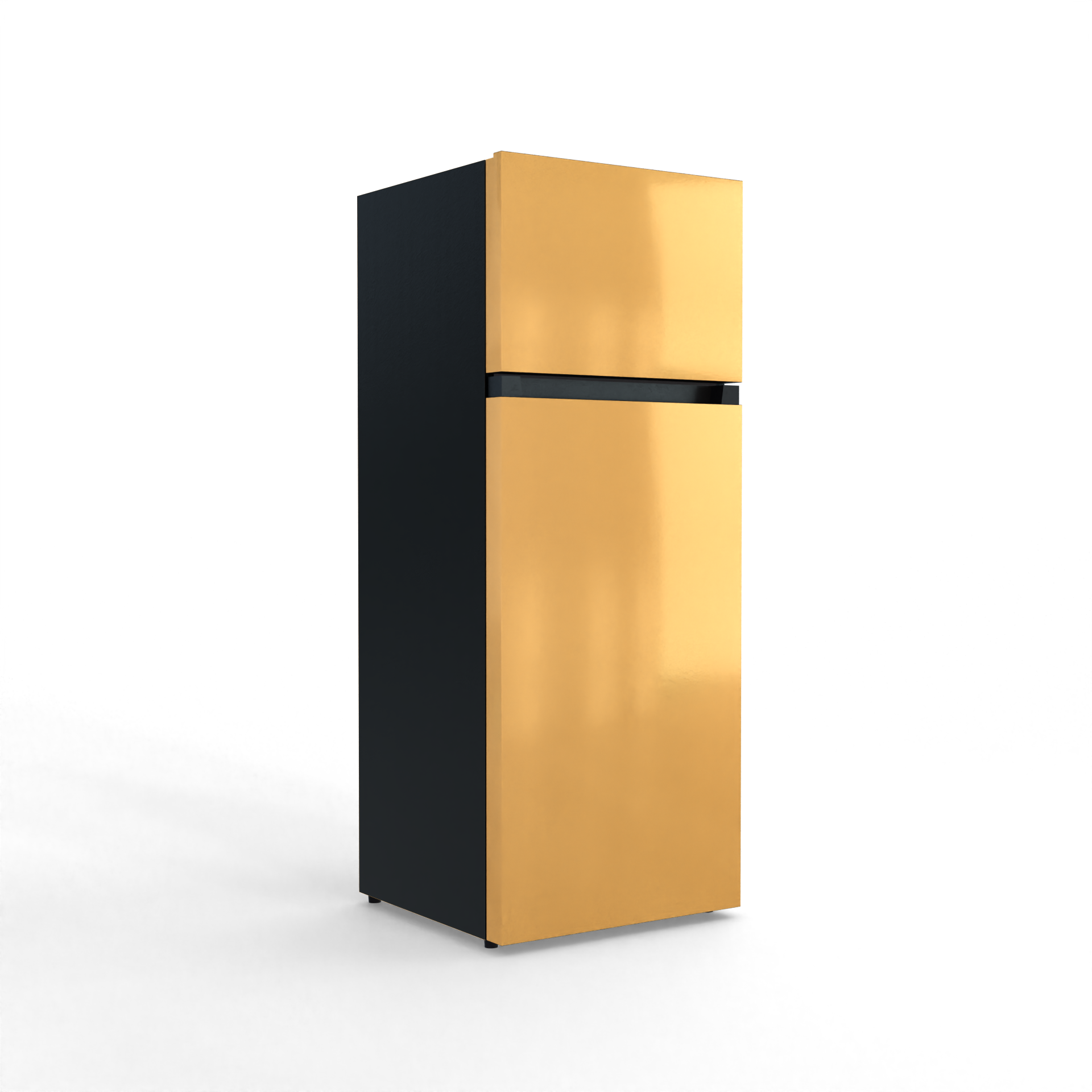 A gold refrigerator with a black body on a black background.