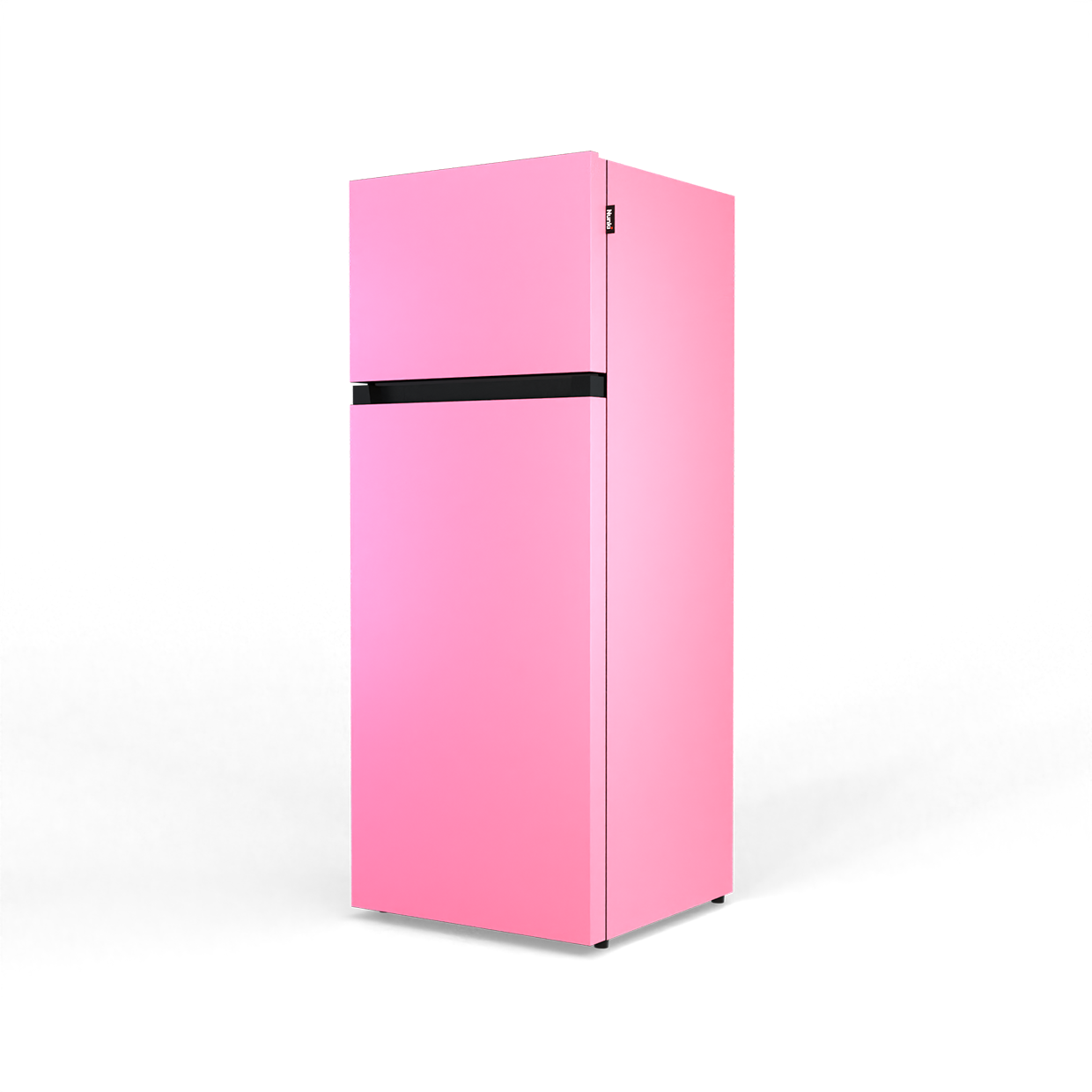 A pink refrigerator with a black dividing line and a small logo.