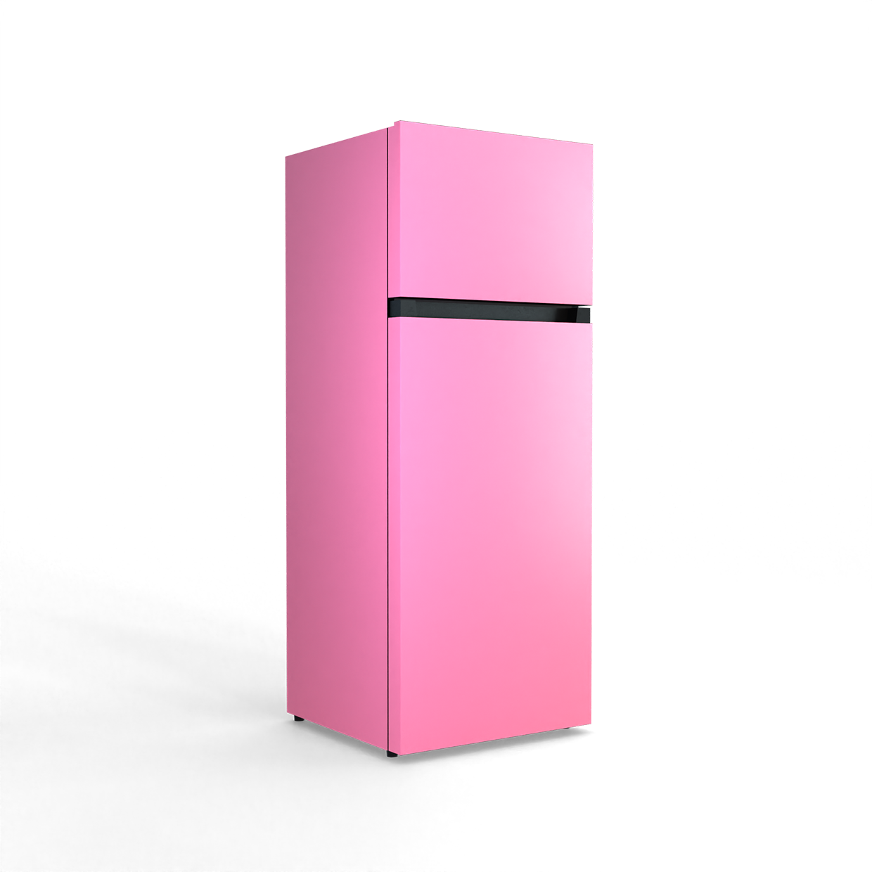 A pink two-door refrigerator stands against a black background.