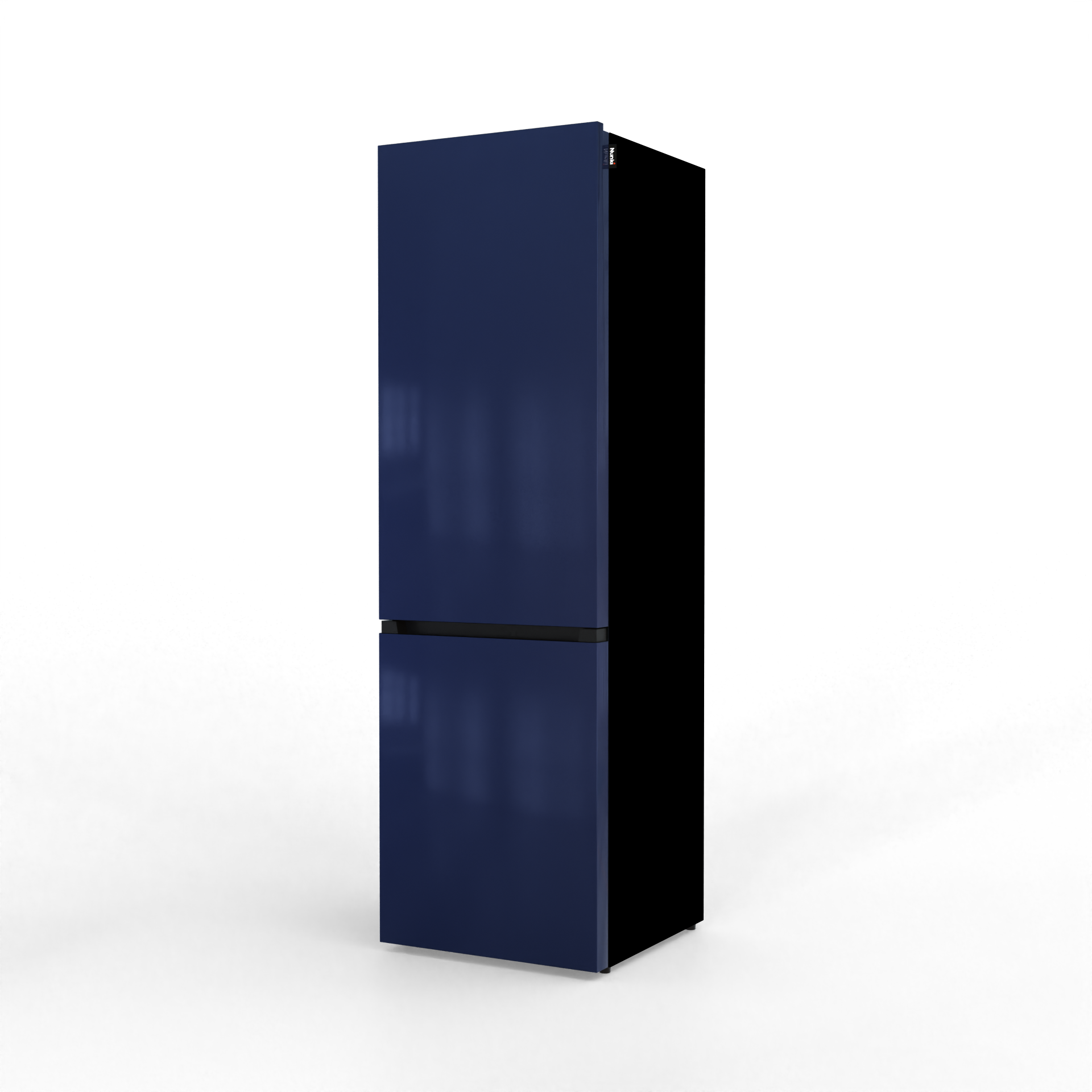 A dark blue refrigerator with a black handle.