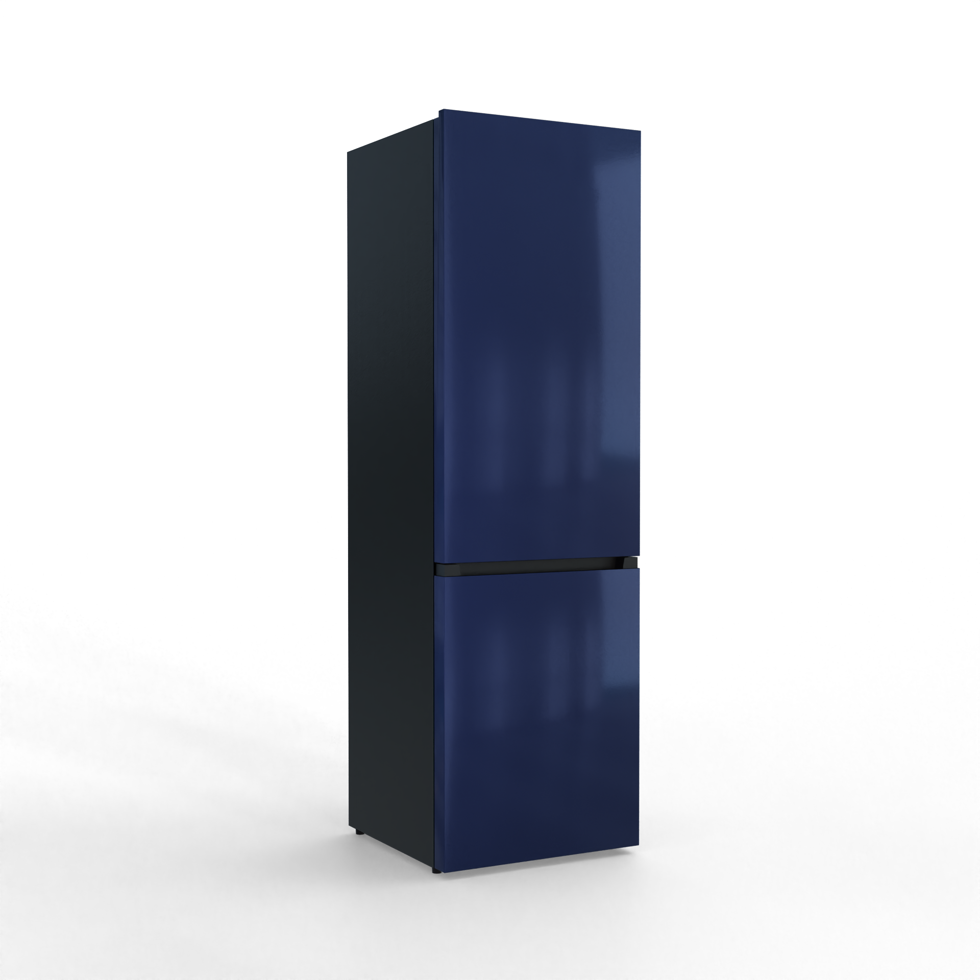 A sleek, dark blue, two-door refrigerator stands against a black background.