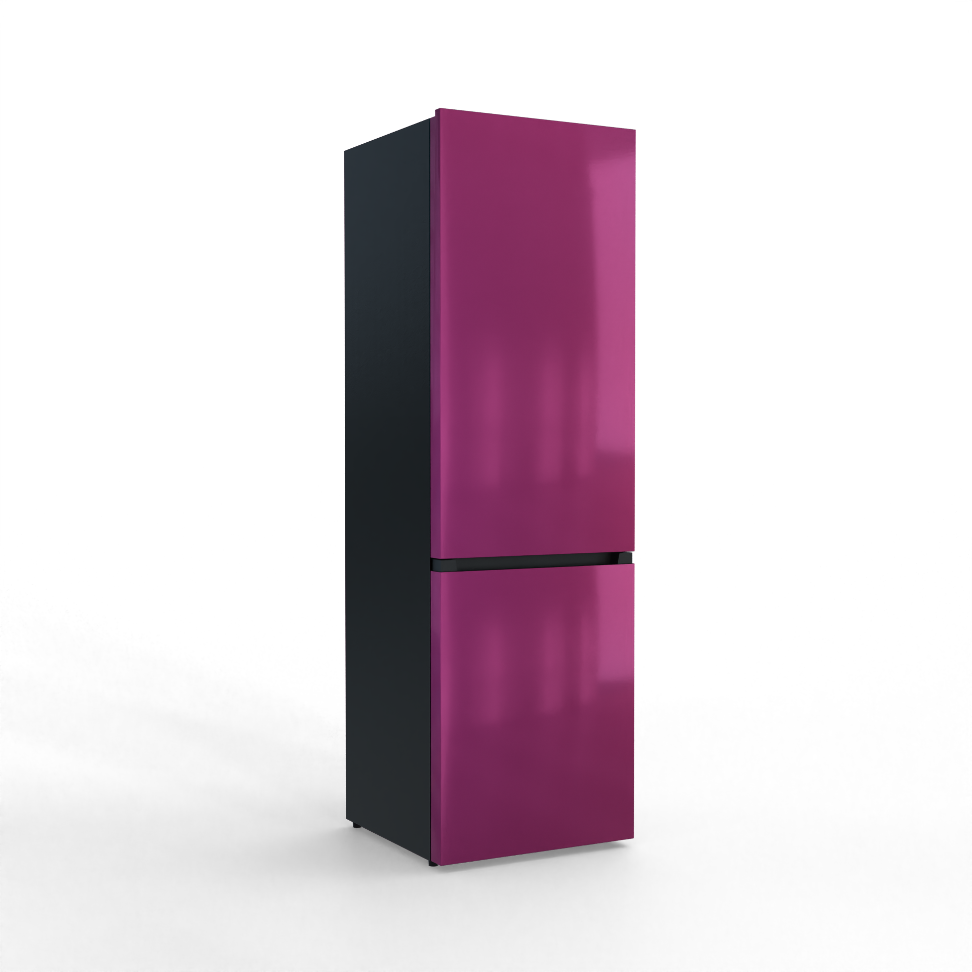 A sleek, modern dark charcoal refrigerator with a glossy magenta door.