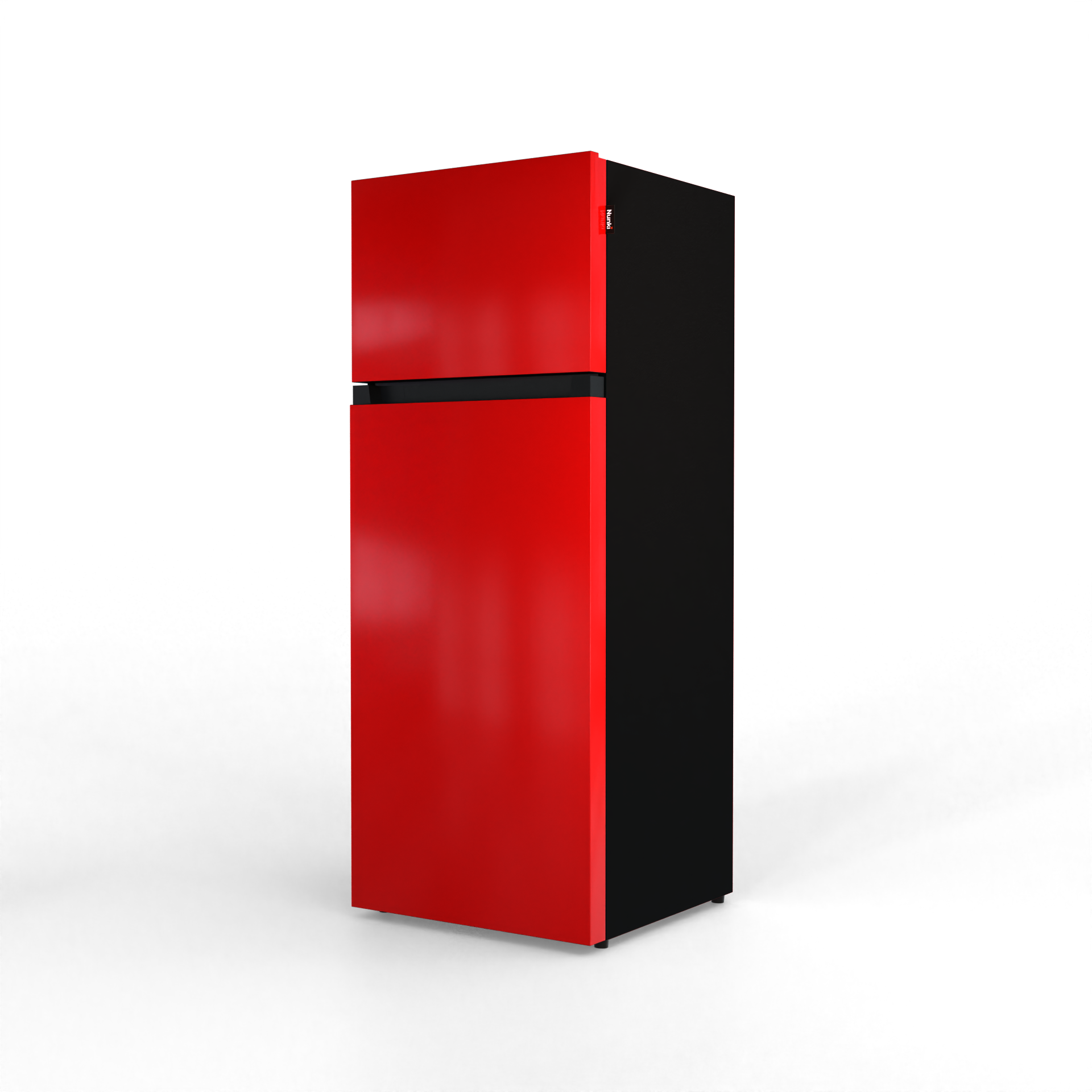 A red refrigerator with a black side and a black horizontal bar.